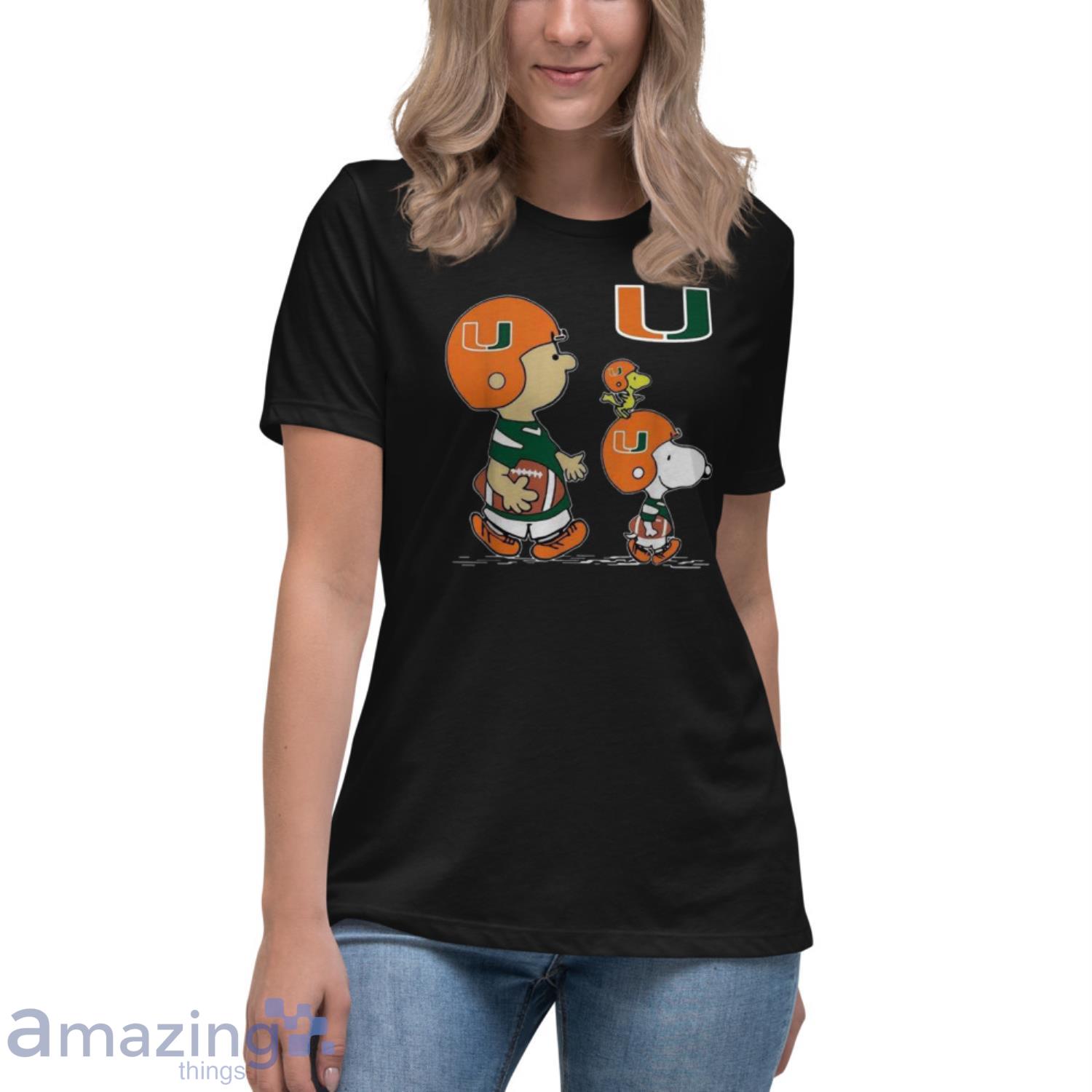 The Peanuts Charlie Brown And Snoopy Woodstock Miami Hurricanes Football Shirt image The Peanuts Charlie Brown And Snoopy Woodstock Miami Hurricanes Football Shirt - Womens Relaxed Short Sleeve Jersey Tee