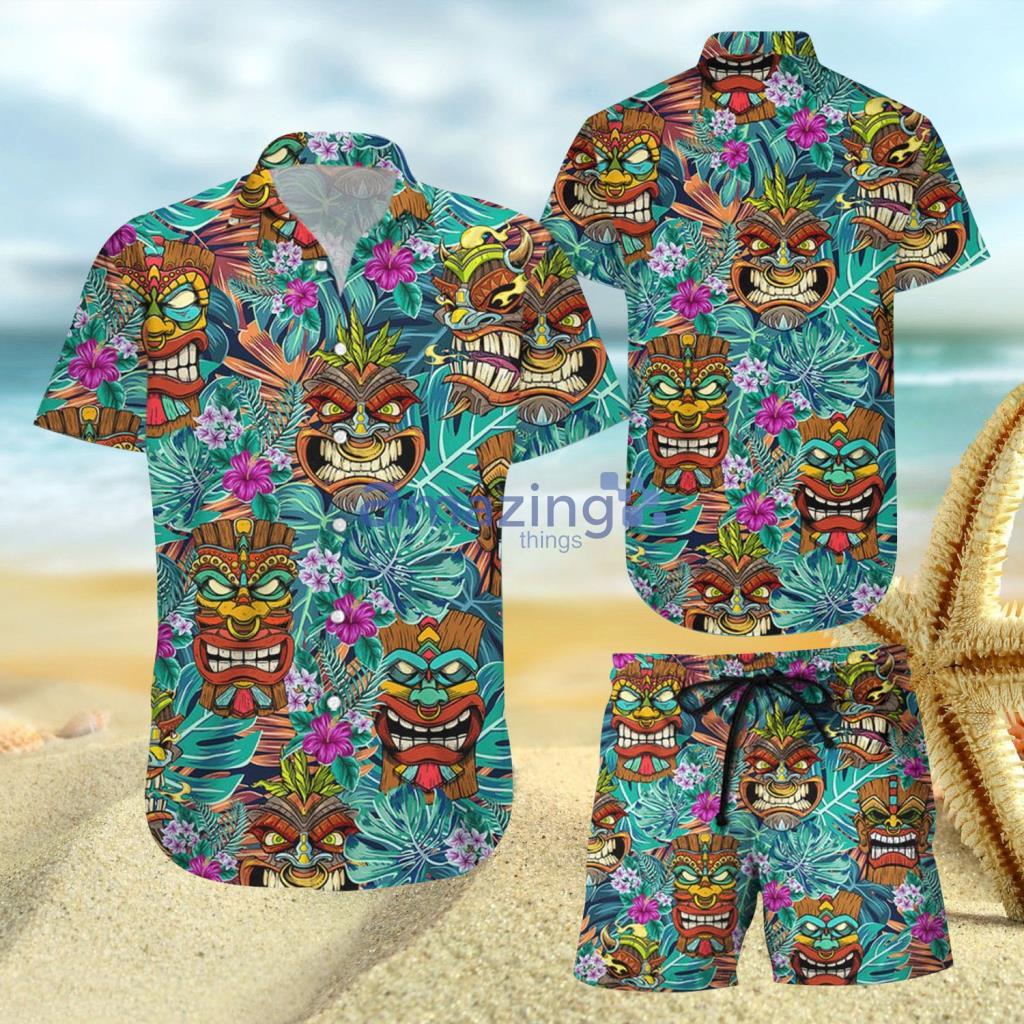 Tiki Tribal Wooden Mask Tropical Aloha Hawaiian Shirt And Short - Tiki Tribal Wooden Mask Tropical Aloha Hawaiian Shirt And Short