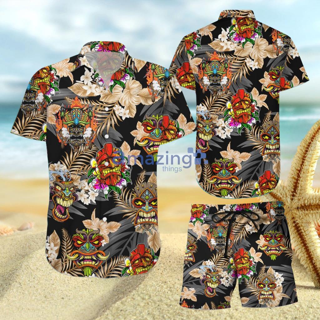 Tiki Tribal Wooden Mask Tropical Hawaiian Shirt And Short - Tiki Tribal Wooden Mask Tropical Hawaiian Shirt And Short