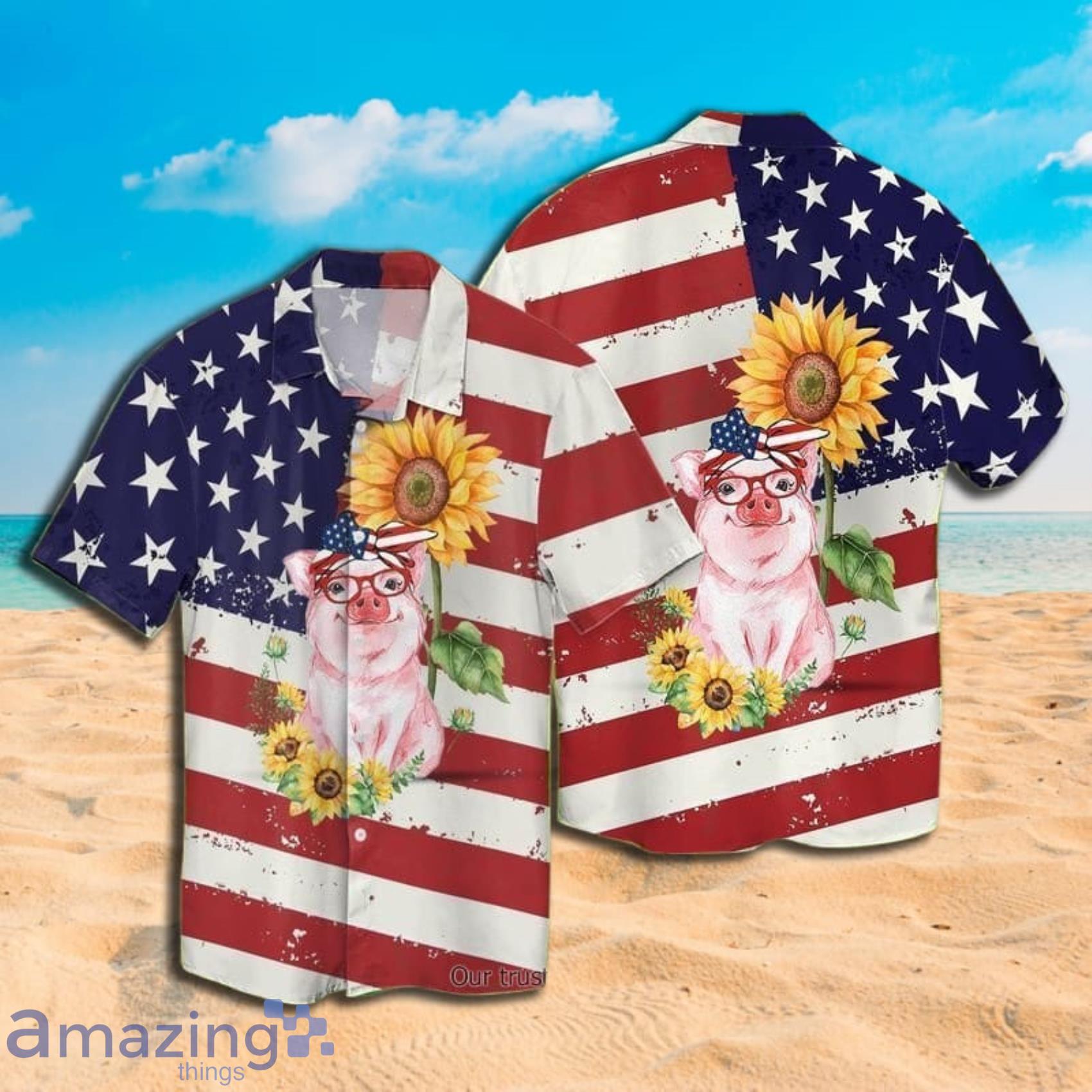 4th Of July Independence Day American Love Pig With Sunflower Short Sleeve Hawaiian Shirt Product Photo 1