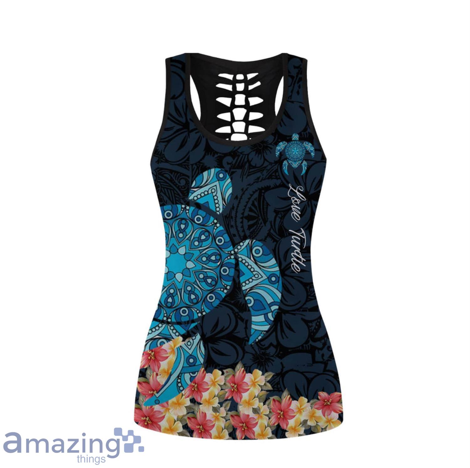 Amazing Sea Turtle Tattoo and Hibiscus Women 3D Combo Hollow Tank Top And Leggings Product Photo 1