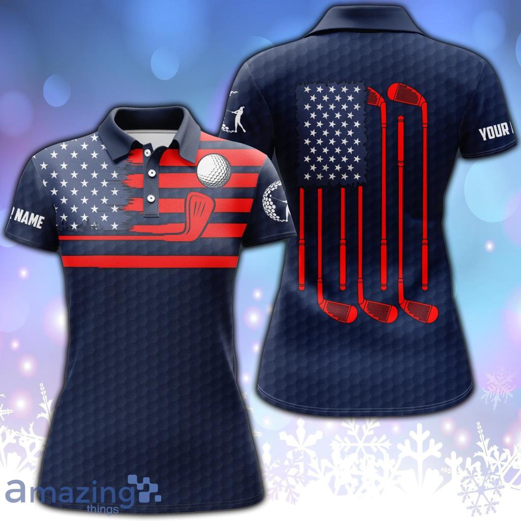 American Flag Patriotic Womens Golf Custom Name Blue Golf Polo Shirt - American flag patriotic womens golf polo shirt custom name blue golf polo shirt, unique golf gifts NQS4766_9996