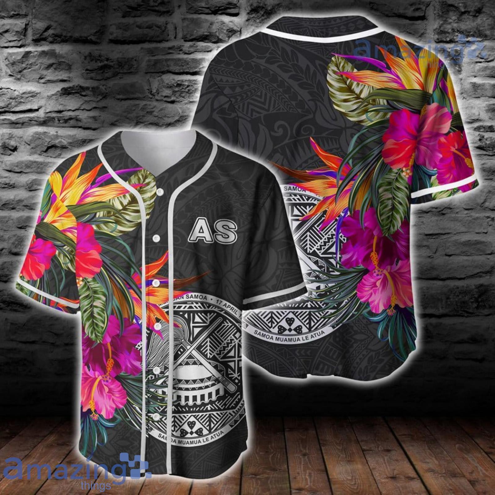 American Samoa Hibiscus Polynesian Pattern Baseball Jersey Shirt Product Photo 1