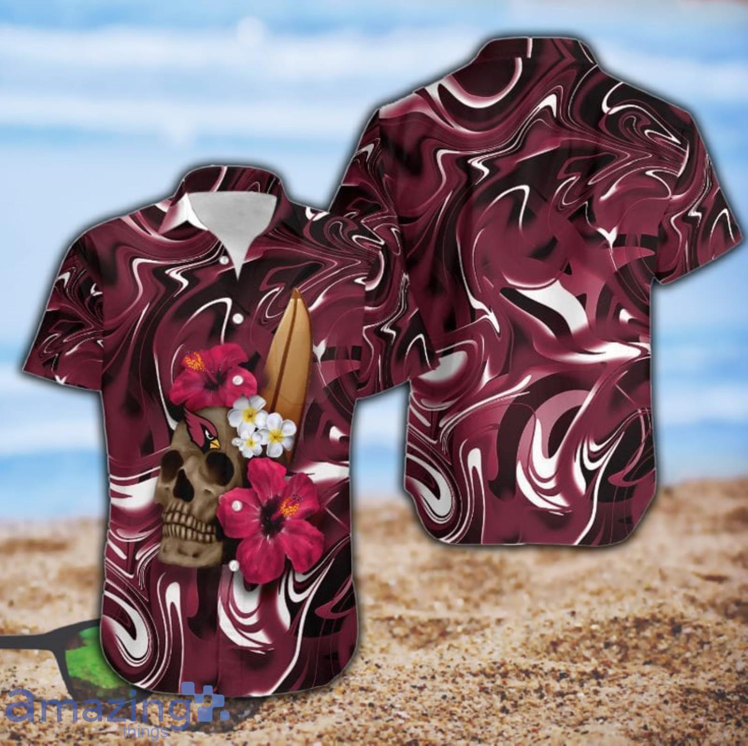 Arizona Cardinals Skull And Hibiscus Flower NFL All Over Print Hawaiian Shirt Product Photo 1