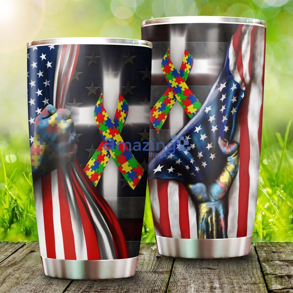 Autism Awareness Cross USA Flag Christians Stainless Steel Tumbler - Autism Awareness Cross USA Flag Christians Stainless Steel Tumbler