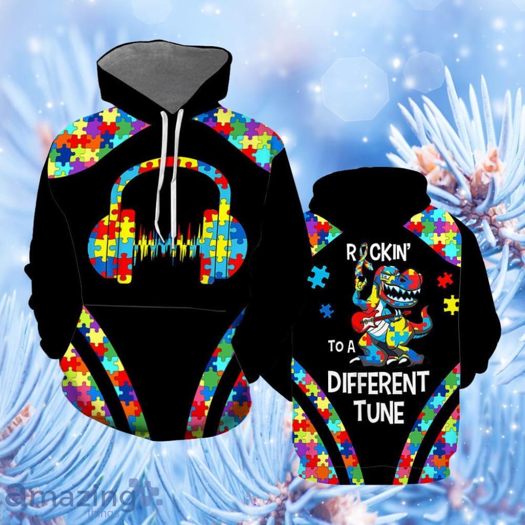 Autism Awareness Dinosaur Rocking To A Different Tune Hoodie 3D All Over Print - Autism Awareness Dinosaur Rocking To A Different Tune Hoodie Over Print  For Men & Women  HP5531