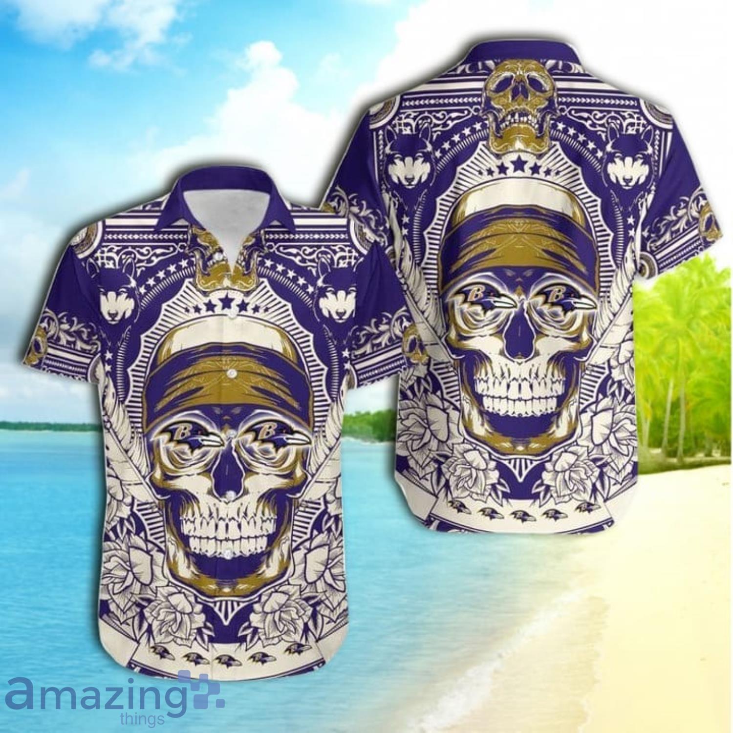 Baltimore Ravens Skull Nfl Gift For Fan Short Sleeve Hawaiian Shirt Product Photo 1