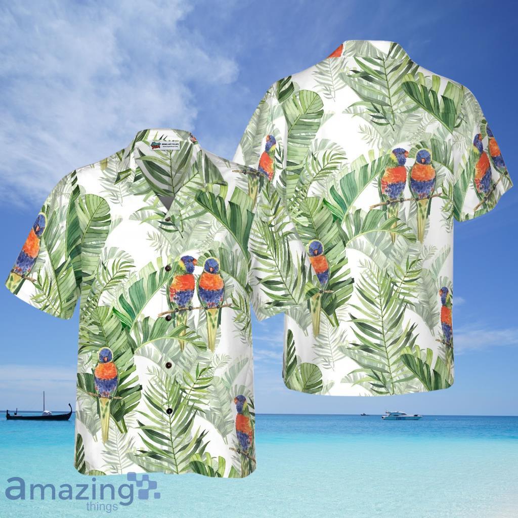 Beautiful Watercolor Parrots In Green Hawaiian Shirt - Beautiful Watercolor Parrots In Green Hawaiian Shirt