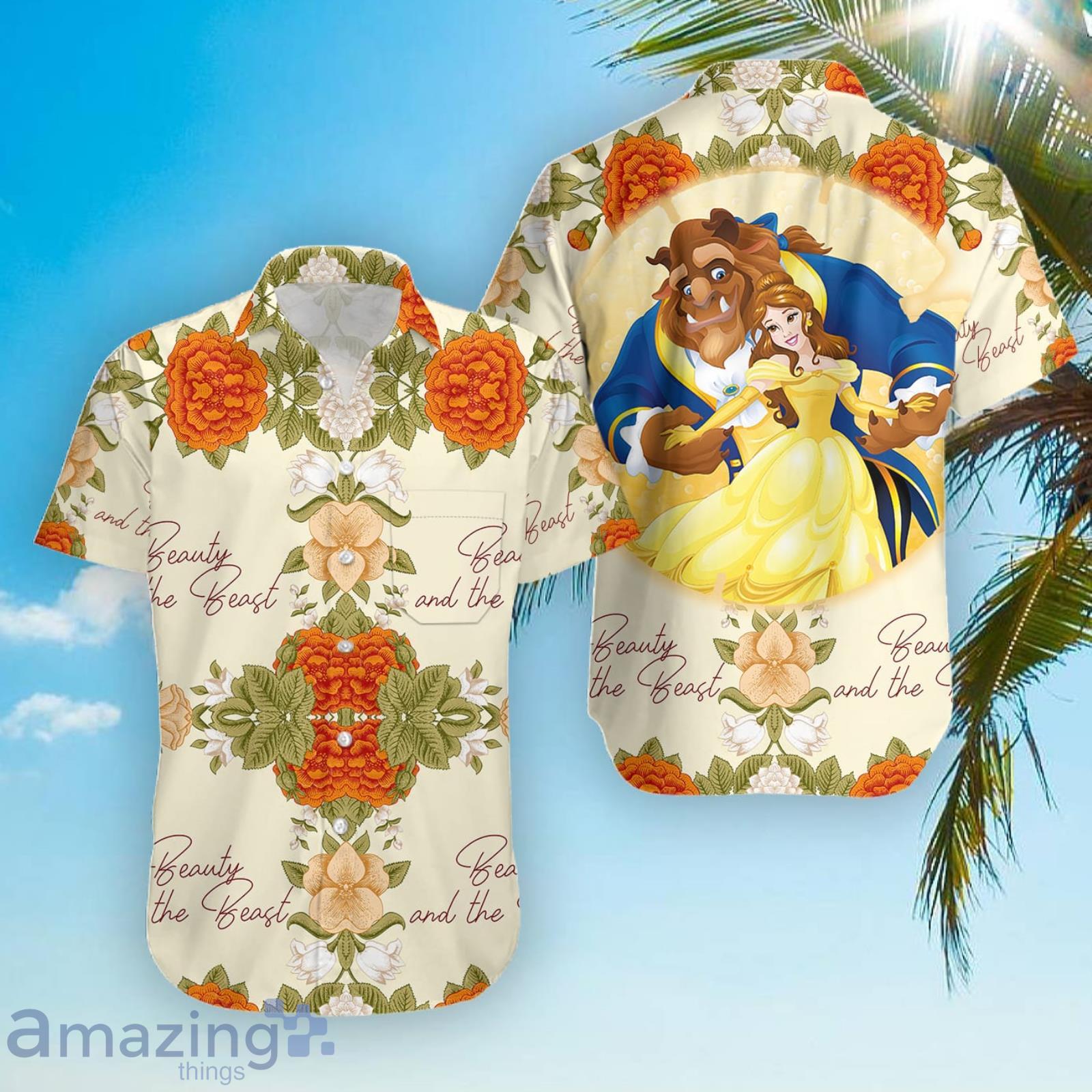 Beauty And The Beast Yellow Red Floral Disney Hawaiian Shirt For Men And Women Product Photo 1