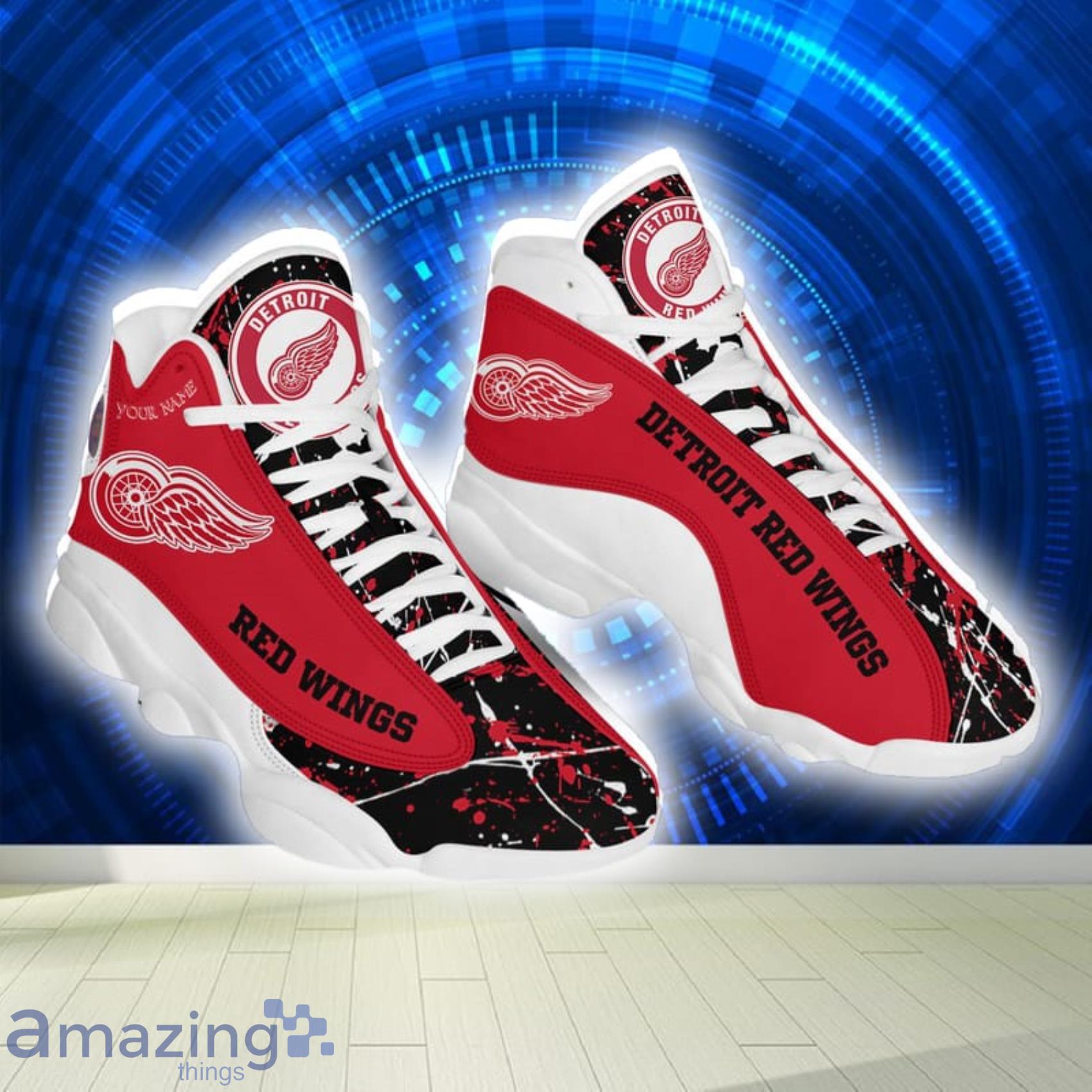 Best NHL Detroit Red Wings Custom Name Paint Stain Air Jordan 13 Sneakers
