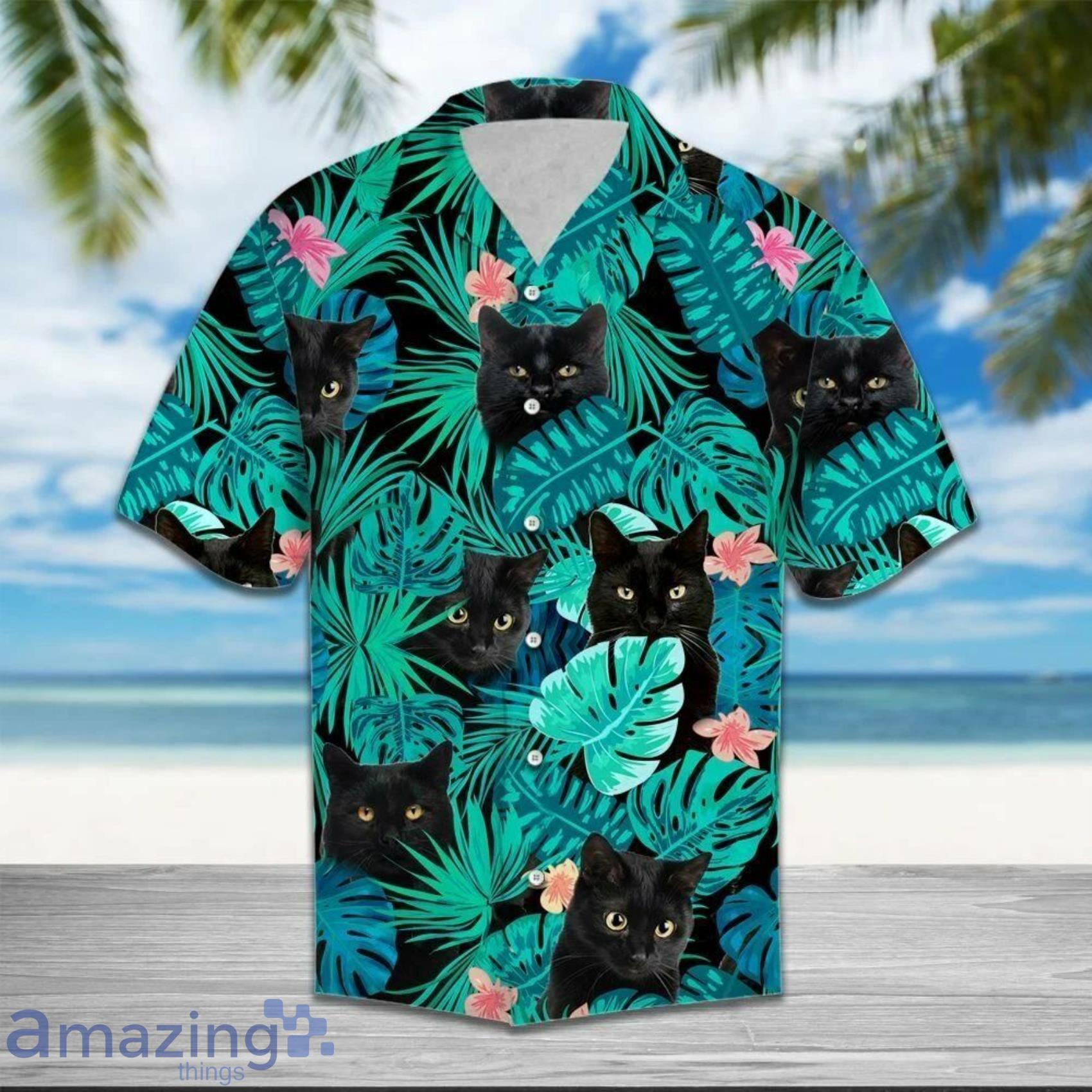 Black Cats And Green Tropical Leaves Short Sleeve Hawaiian Shirt Product Photo 1