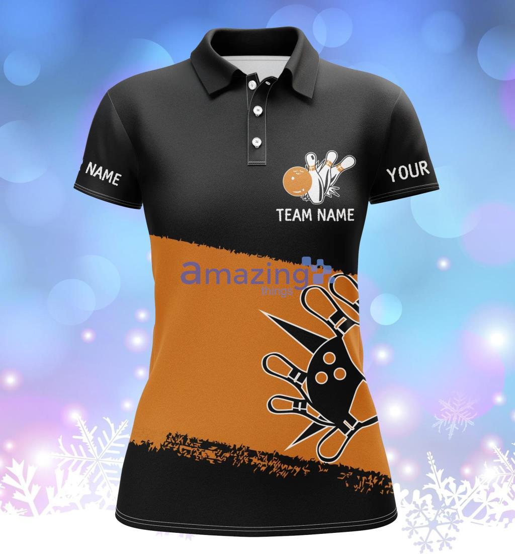 Black Orange Bowling Ballsand Pins Custom Name Polo Shirt - BlackOrangeBowlingBallsandPinsCustomNamePoloShirt