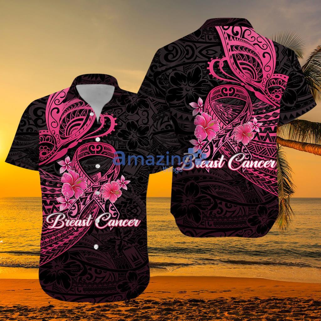 Breast Cancer Pink Ribbon Butterfly Polynesian Black Hawaiian Shirt - Breast Cancer Pink Ribbon Butterfly Polynesian Black Hawaiian Shirt