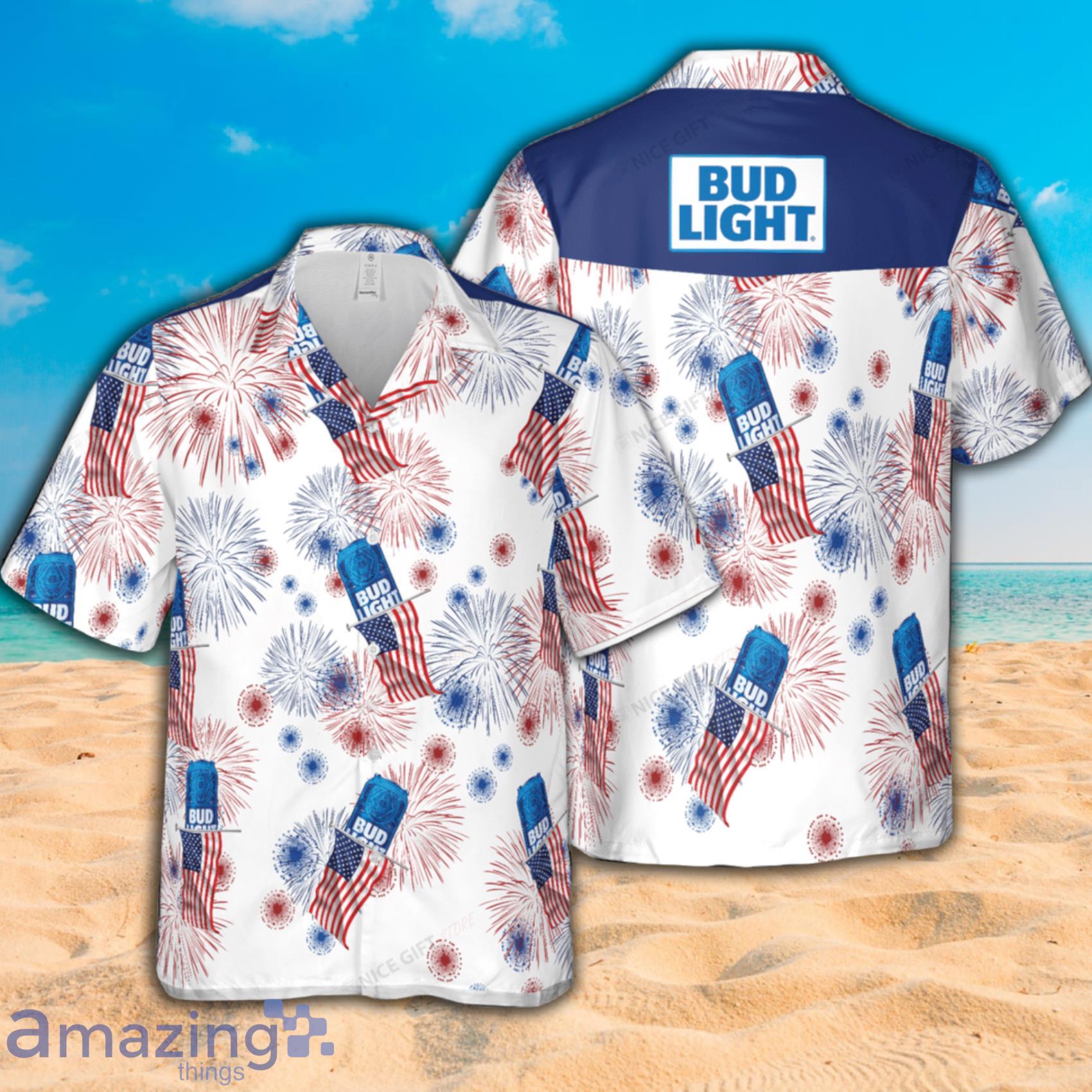 Bud Light American Flag Fireworks Short Sleeve Hawaiian Shirt Product Photo 1