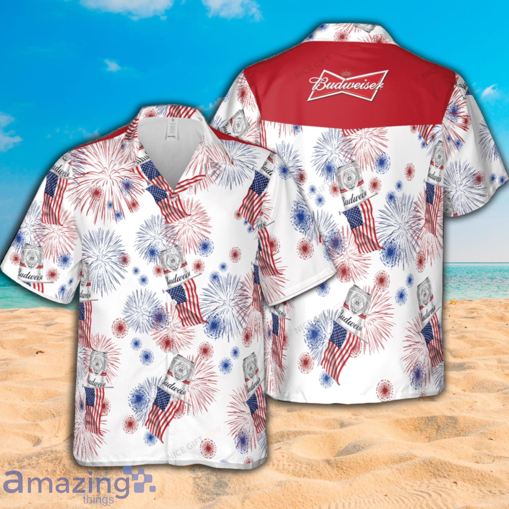 Budweiser American Flag Fireworks Short Sleeve Hawaiian Shirt Product Photo 1 Budweiser American Flag Fireworks Short Sleeve Hawaiian Shirt Product Photo 1