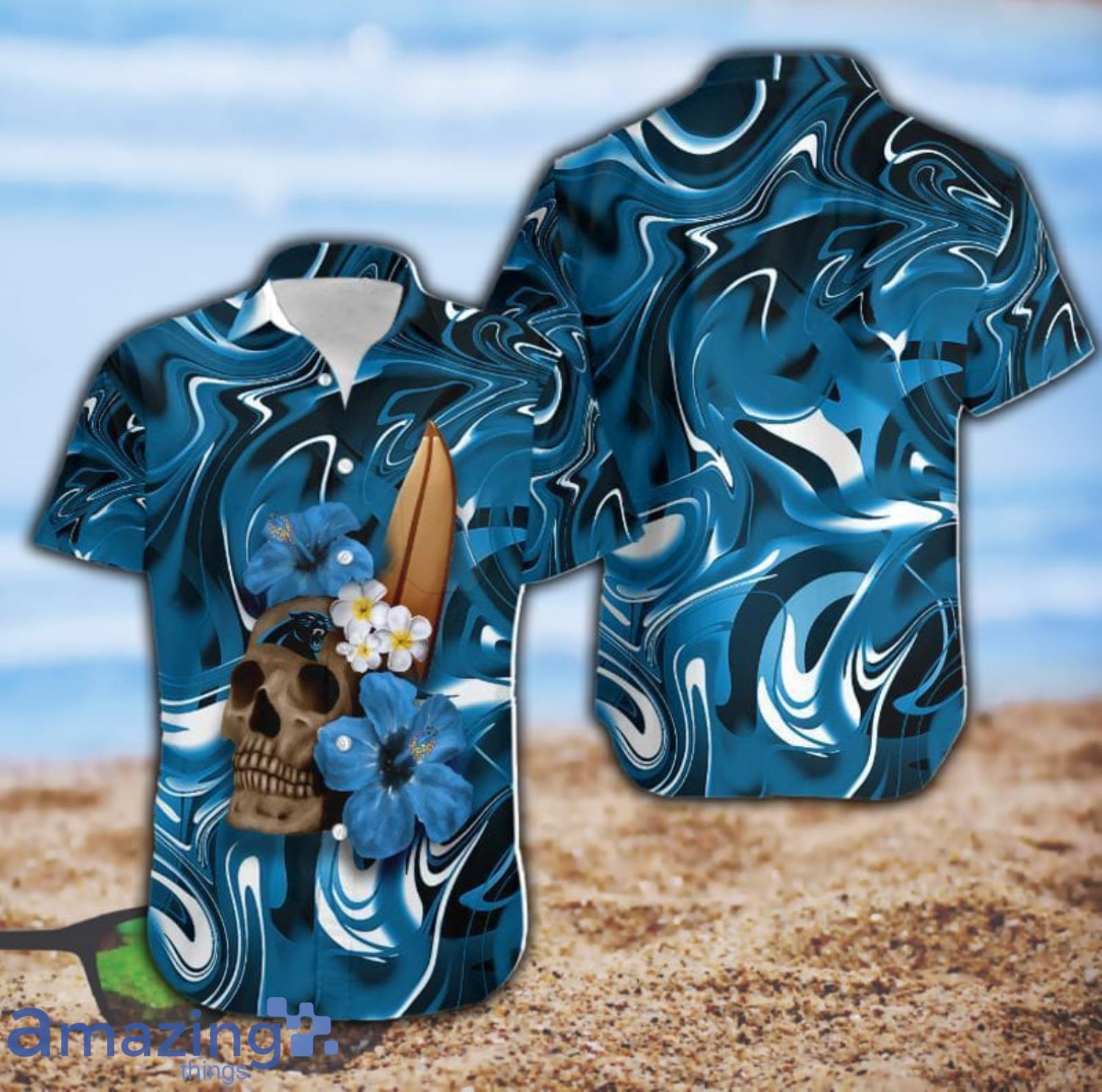 Carolina Panthers Skull And Hibiscus Flower NFL All Over Print Hawaiian Shirt Product Photo 1