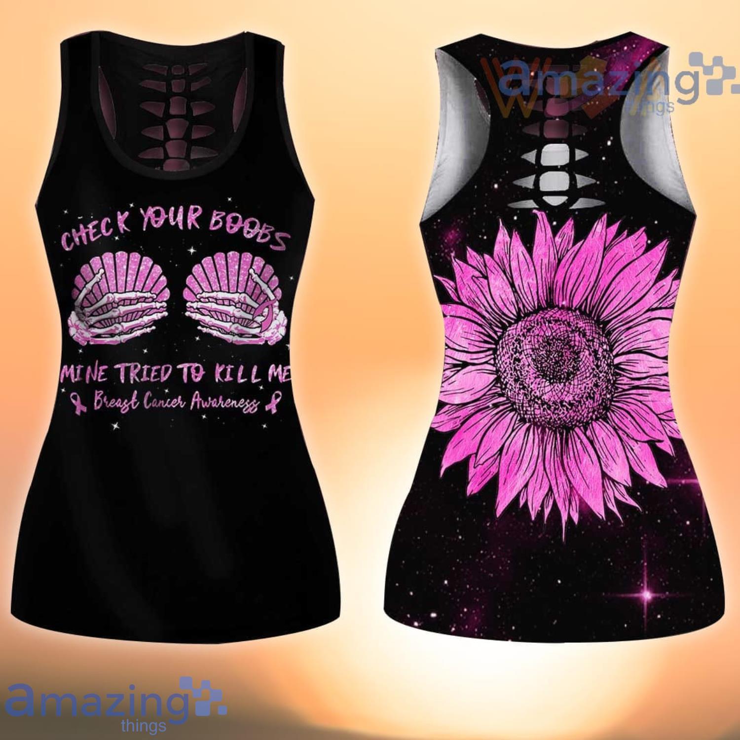 Check Your Boobs Mine Tried To Kill Me Breast Cancer Awareness Combo 3D Hollow Tank Top And Leggings Product Photo 1