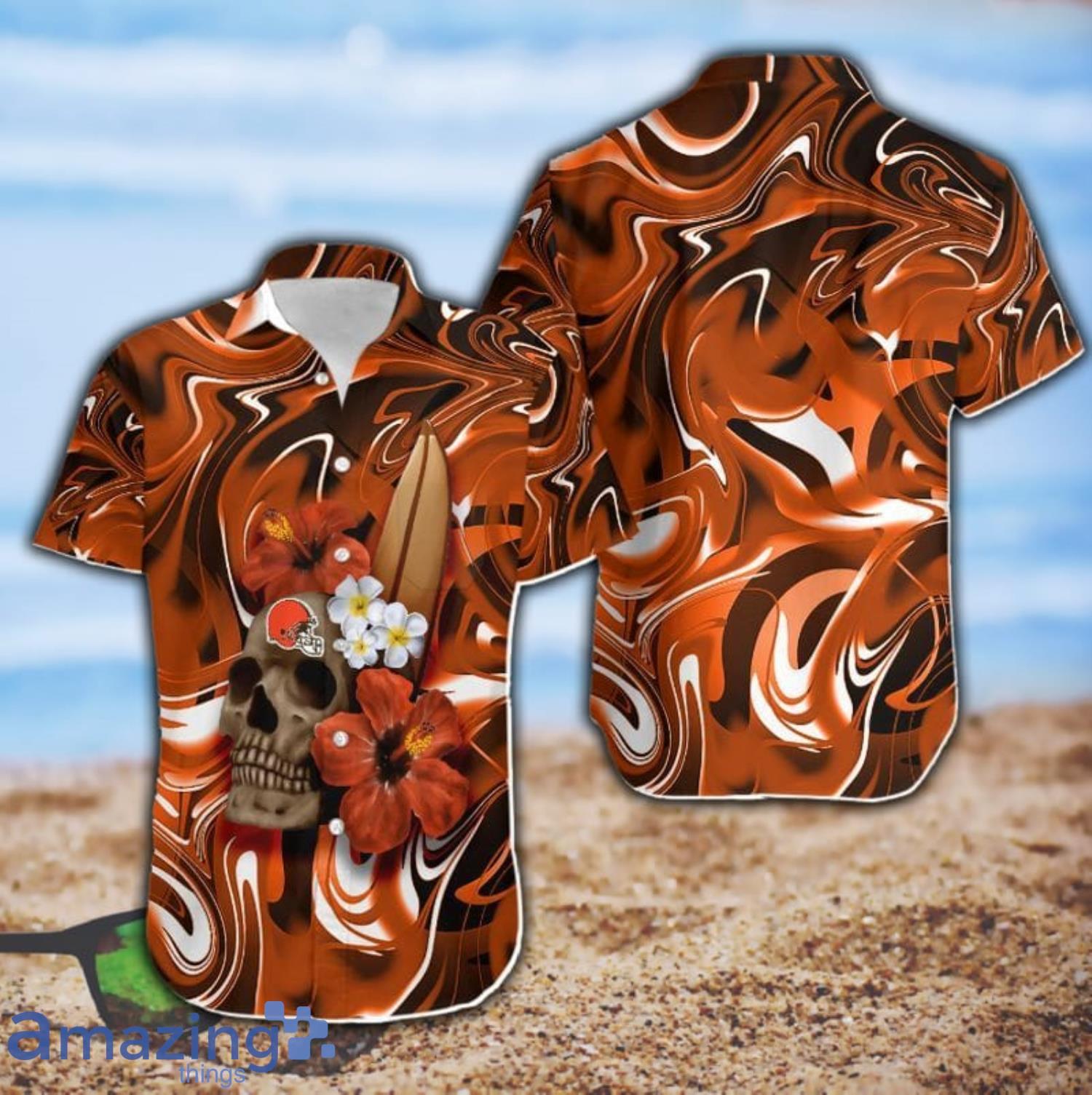Cleveland Browns Skull And Hibiscus Flower NFL All Over Print Hawaiian Shirt Product Photo 1