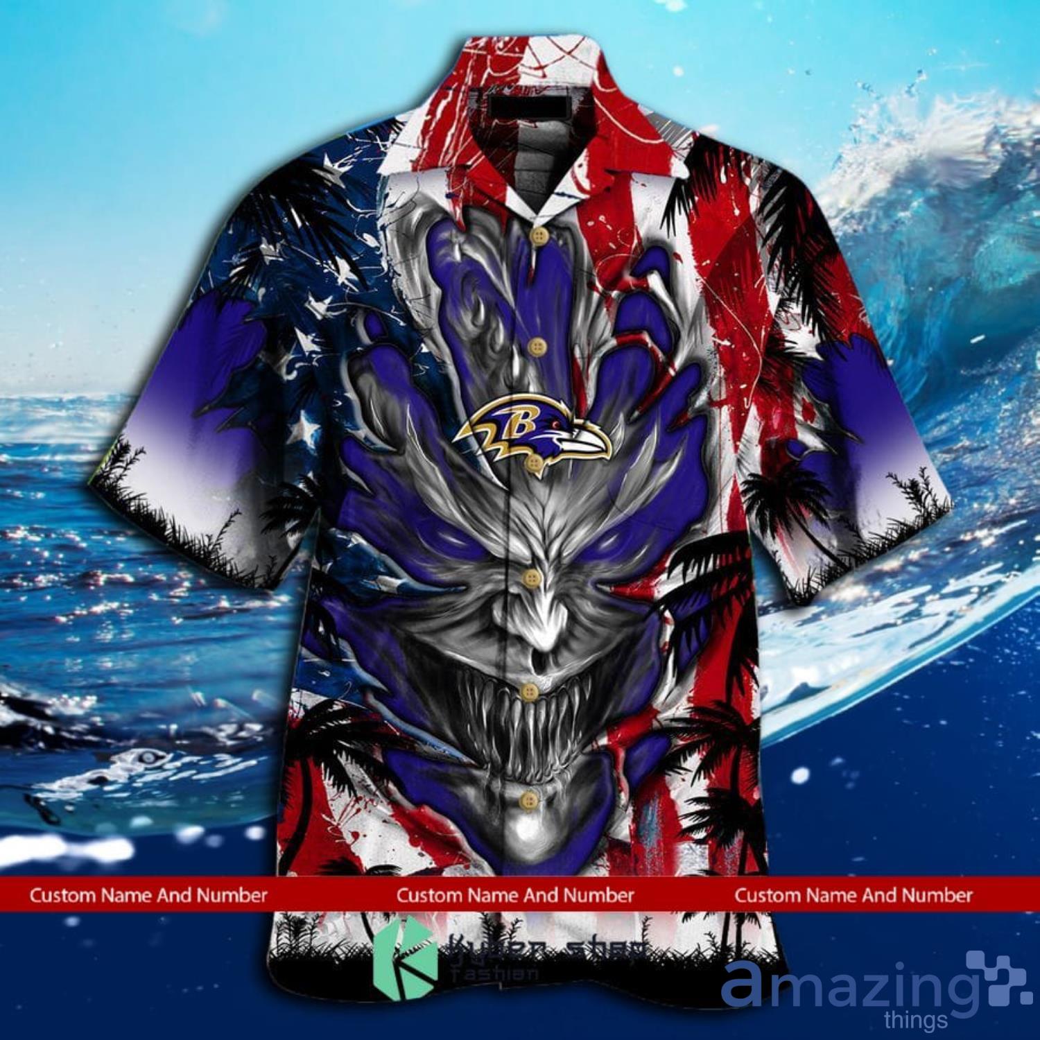 Custom Name And Number Baltimore Ravens Us Flag Demon Face Hawaiian Shirt image Custom Name And Number Baltimore Ravens Us Flag Demon Face Hawaiian Shirt Product Photo 2