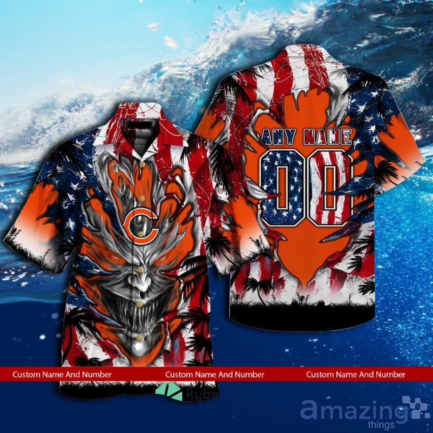 Custom Name And Number Chicago Bears Us Flag Demon Face Hawaiian Shirt