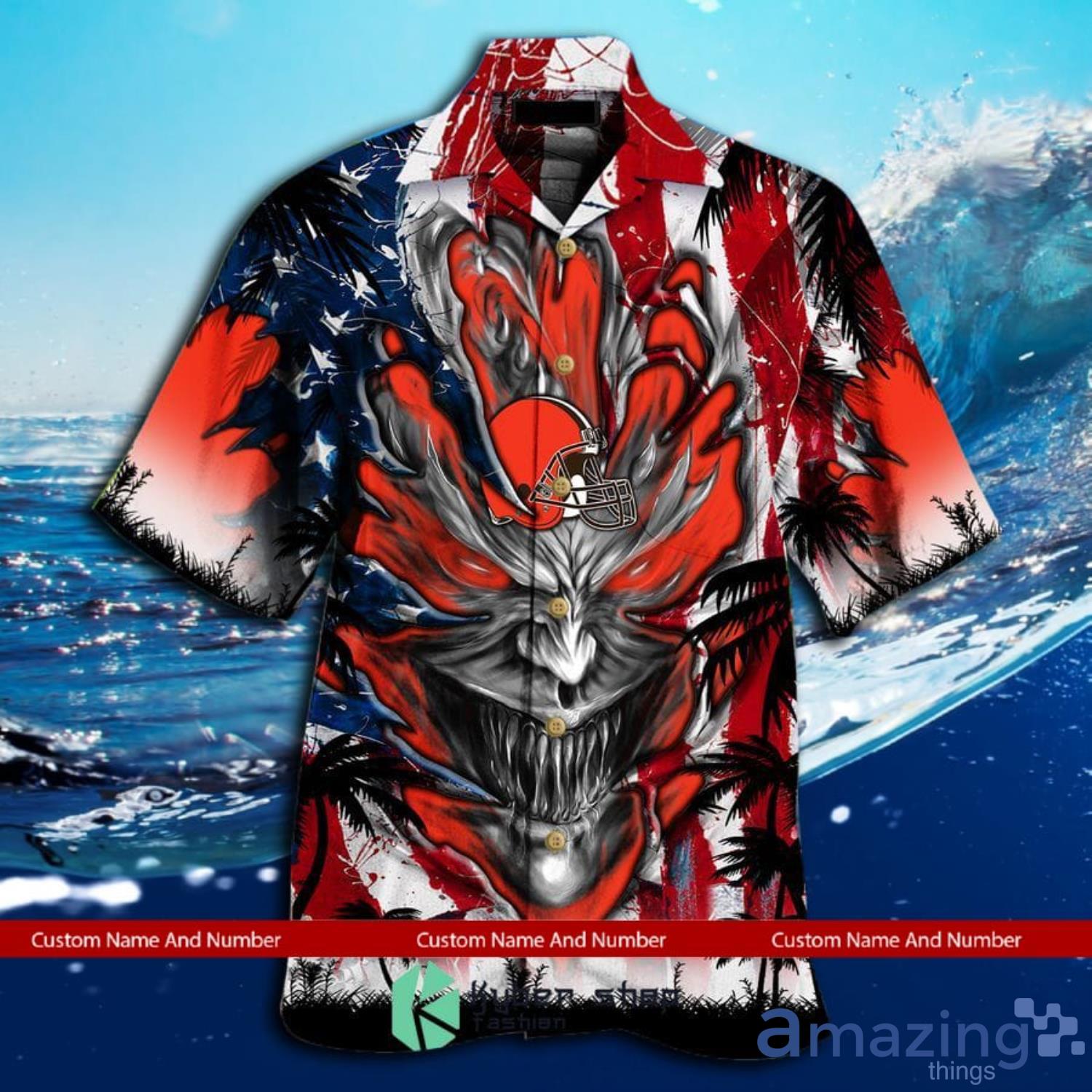 Custom Name And Number Cleveland Browns Us Flag Demon Face Hawaiian Shirt image Custom Name And Number Cleveland Browns Us Flag Demon Face Hawaiian Shirt Product Photo 2