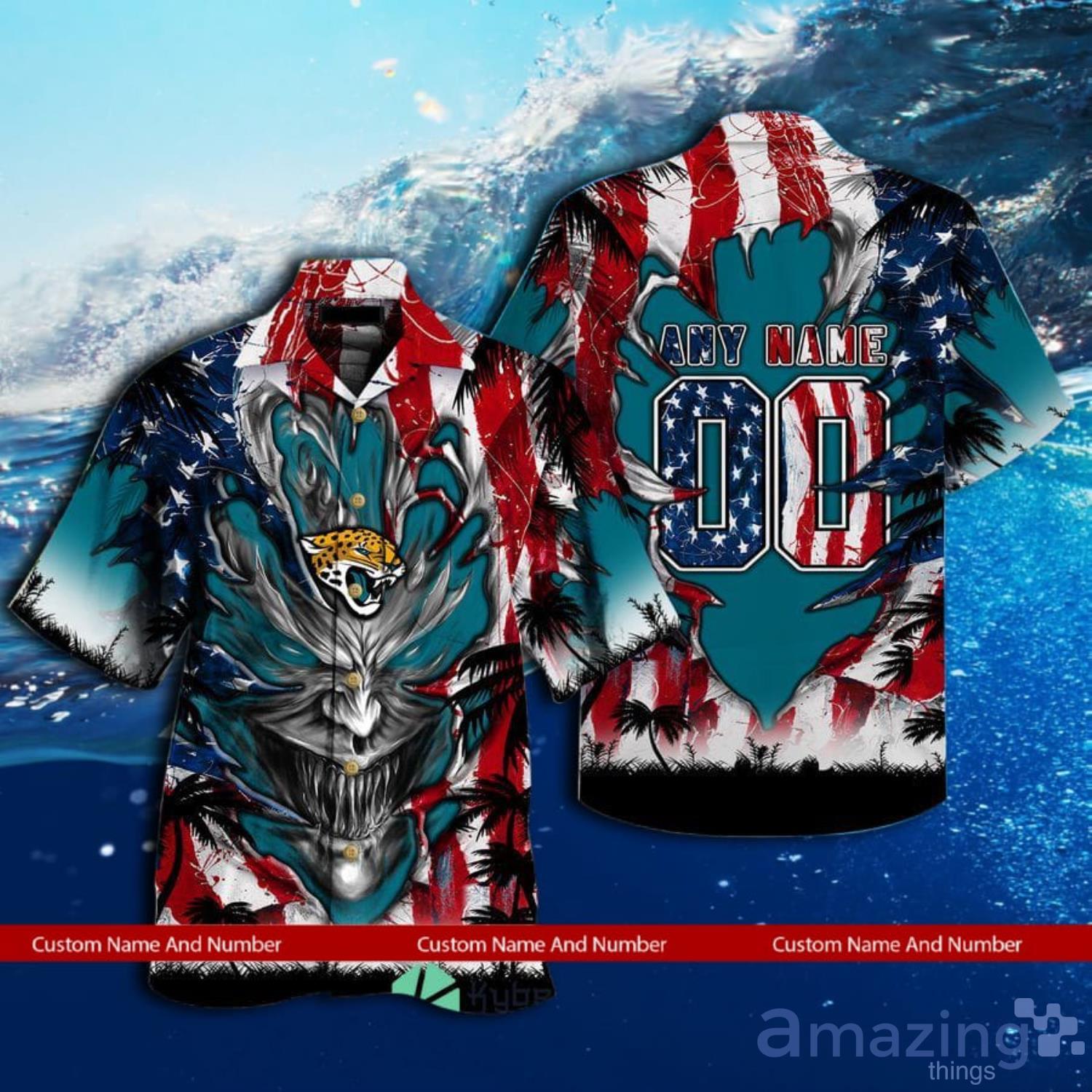 Custom Name And Number Jacksonville Jaguars Us Flag Demon Face Hawaiian Shirt Product Photo 1