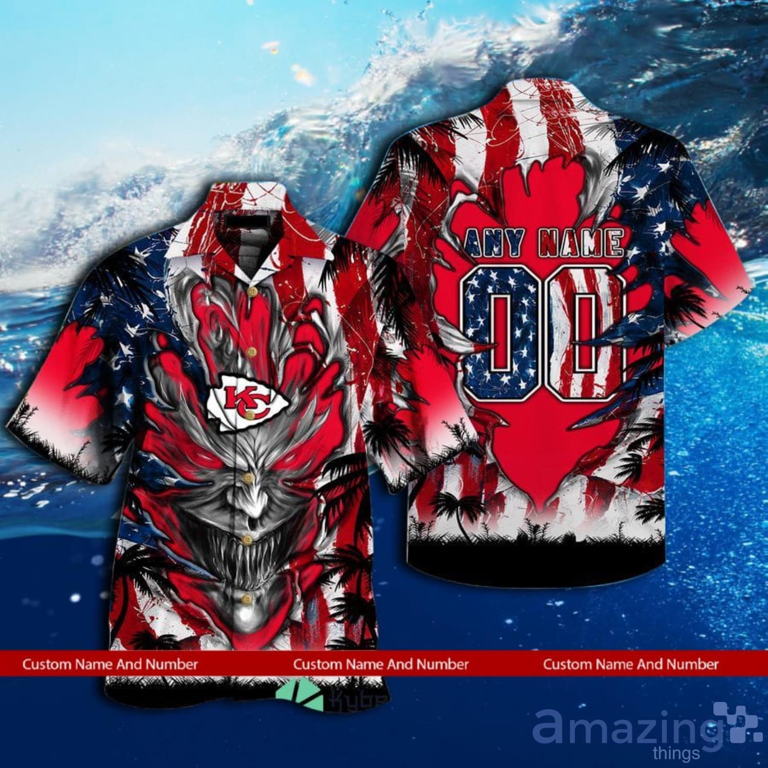 NFL Kansas City Chiefs US Flag Demon Face Print 3D Hawaiian Shirts Custom  Name And Number - Freedomdesign