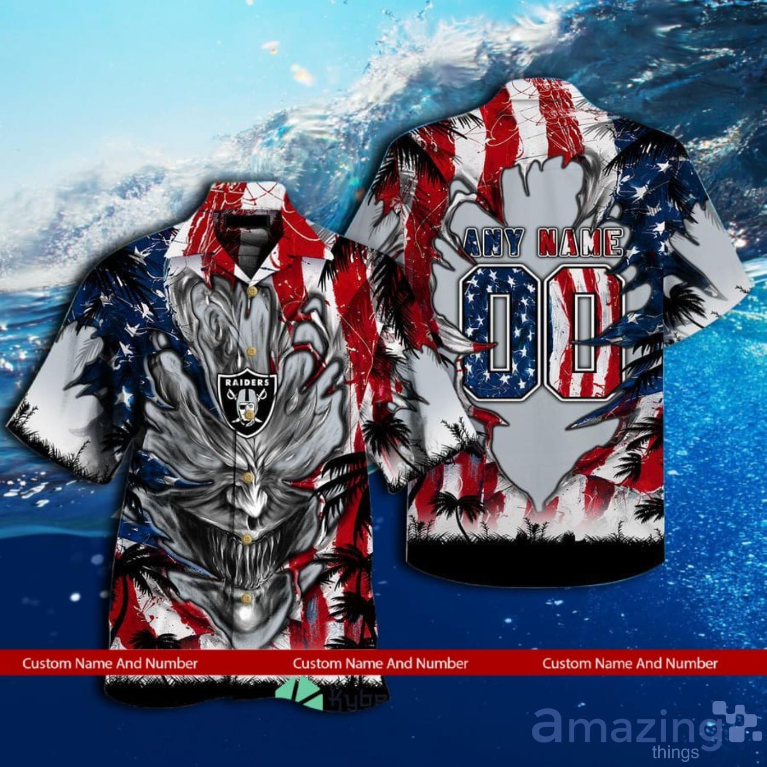 Custom Name And Number Las Vegas Raiders Us Flag Demon Face Hawaiian Shirt Product Photo 1