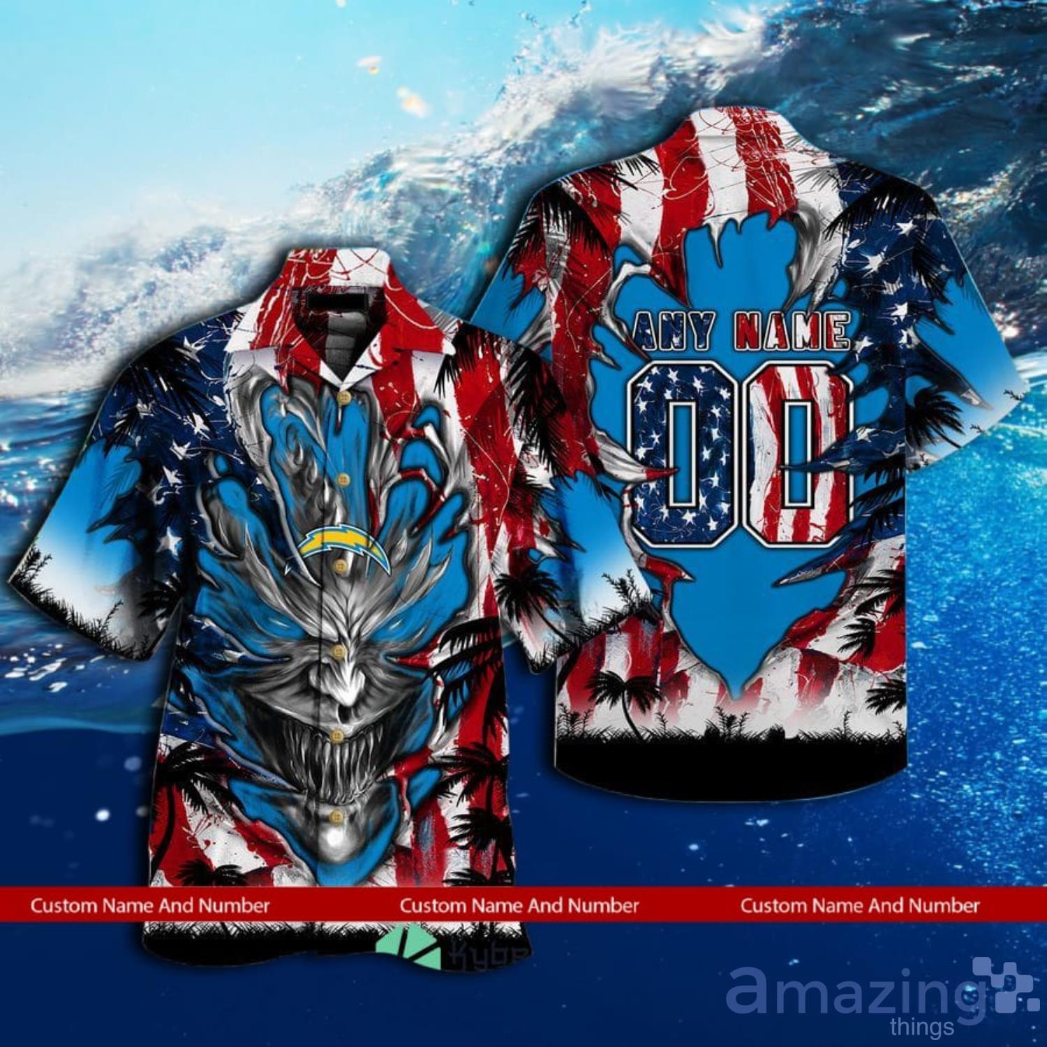 Custom Name And Number Los Angeles Chargers Us Flag Demon Face Hawaiian Shirt Product Photo 1