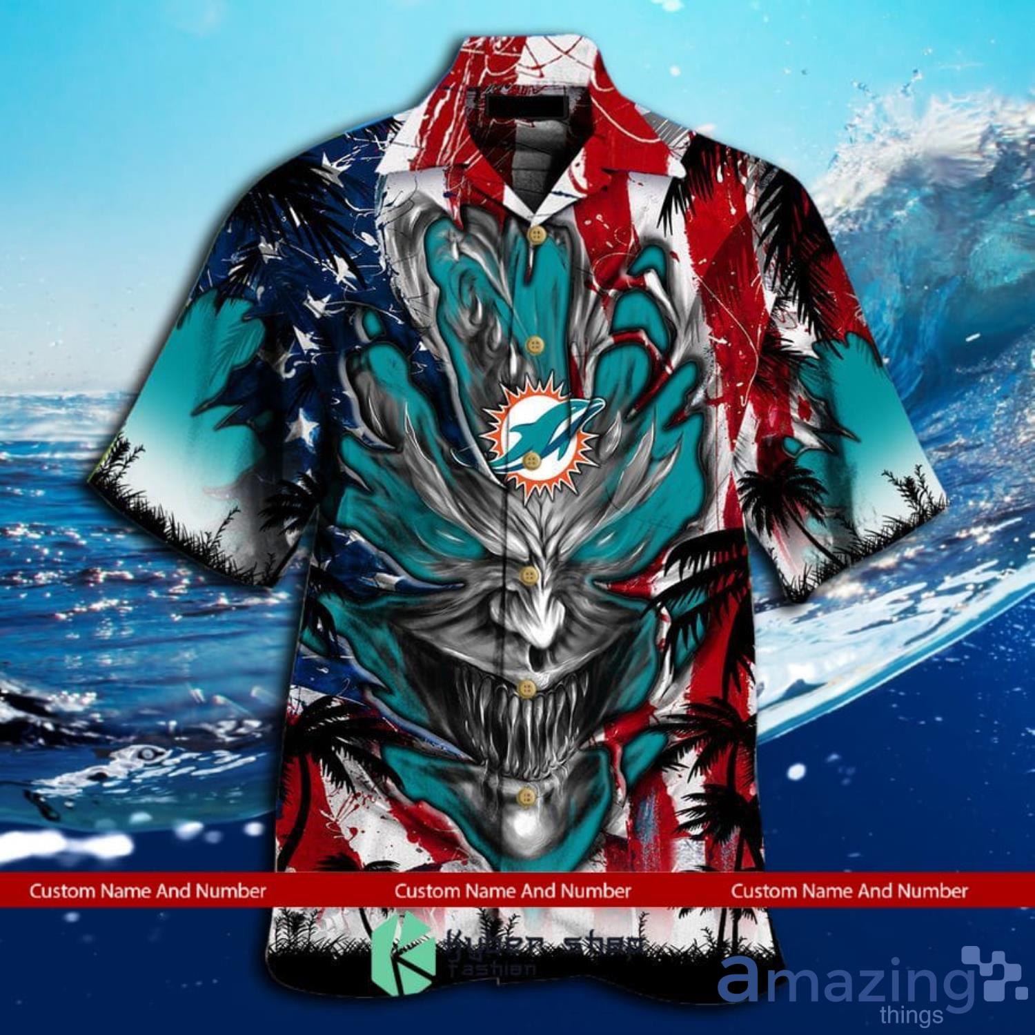 Custom Name And Number Miami Dolphins Us Flag Demon Face Hawaiian Shirt image Custom Name And Number Miami Dolphins Us Flag Demon Face Hawaiian Shirt Product Photo 2