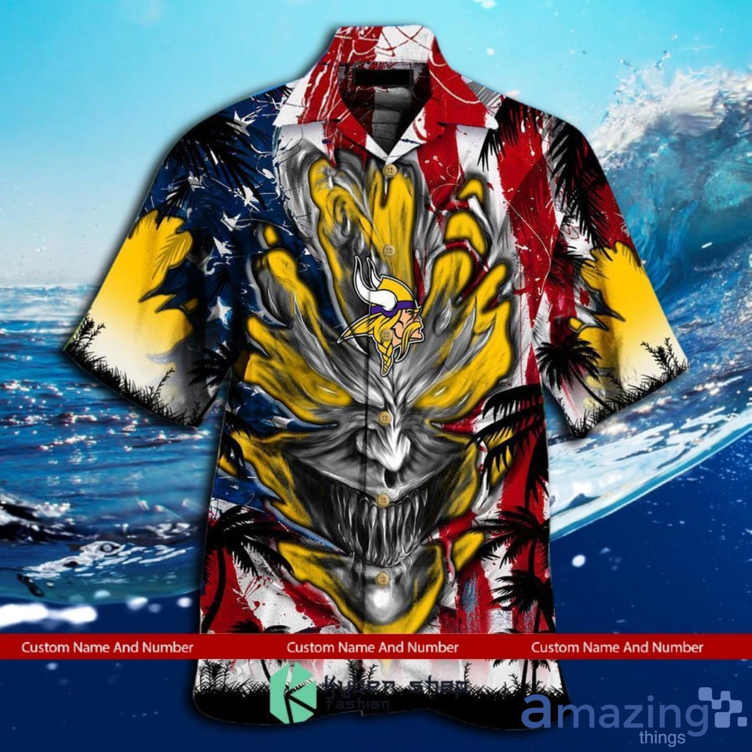 Custom Name And Number Minnesota Vikings Us Flag Demon Face Hawaiian Shirt image Custom Name And Number Minnesota Vikings Us Flag Demon Face Hawaiian Shirt Product Photo 2
