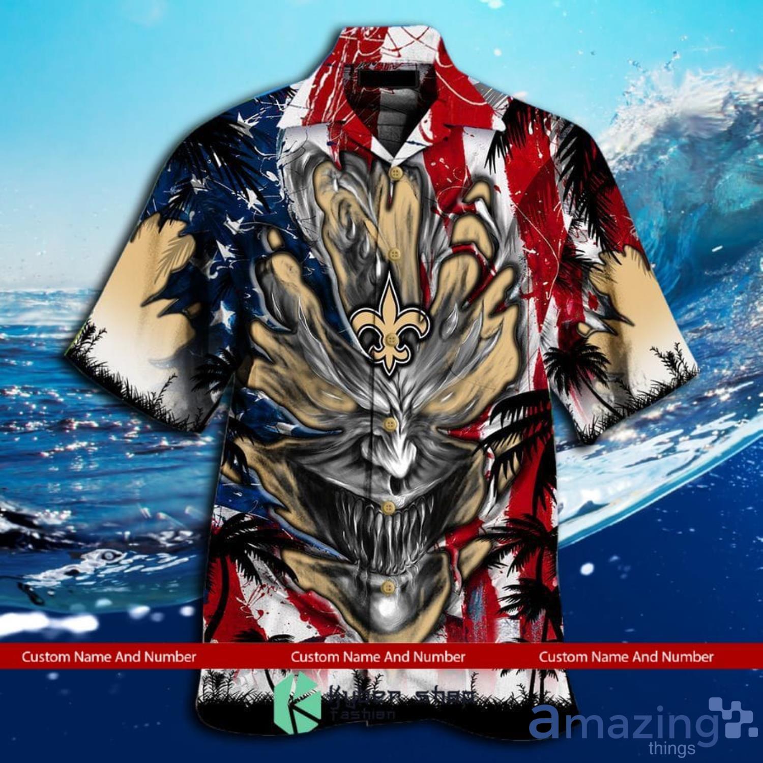Custom Name And Number New Orleans Saints Us Flag Demon Face Hawaiian Shirt image Custom Name And Number New Orleans Saints Us Flag Demon Face Hawaiian Shirt Product Photo 2