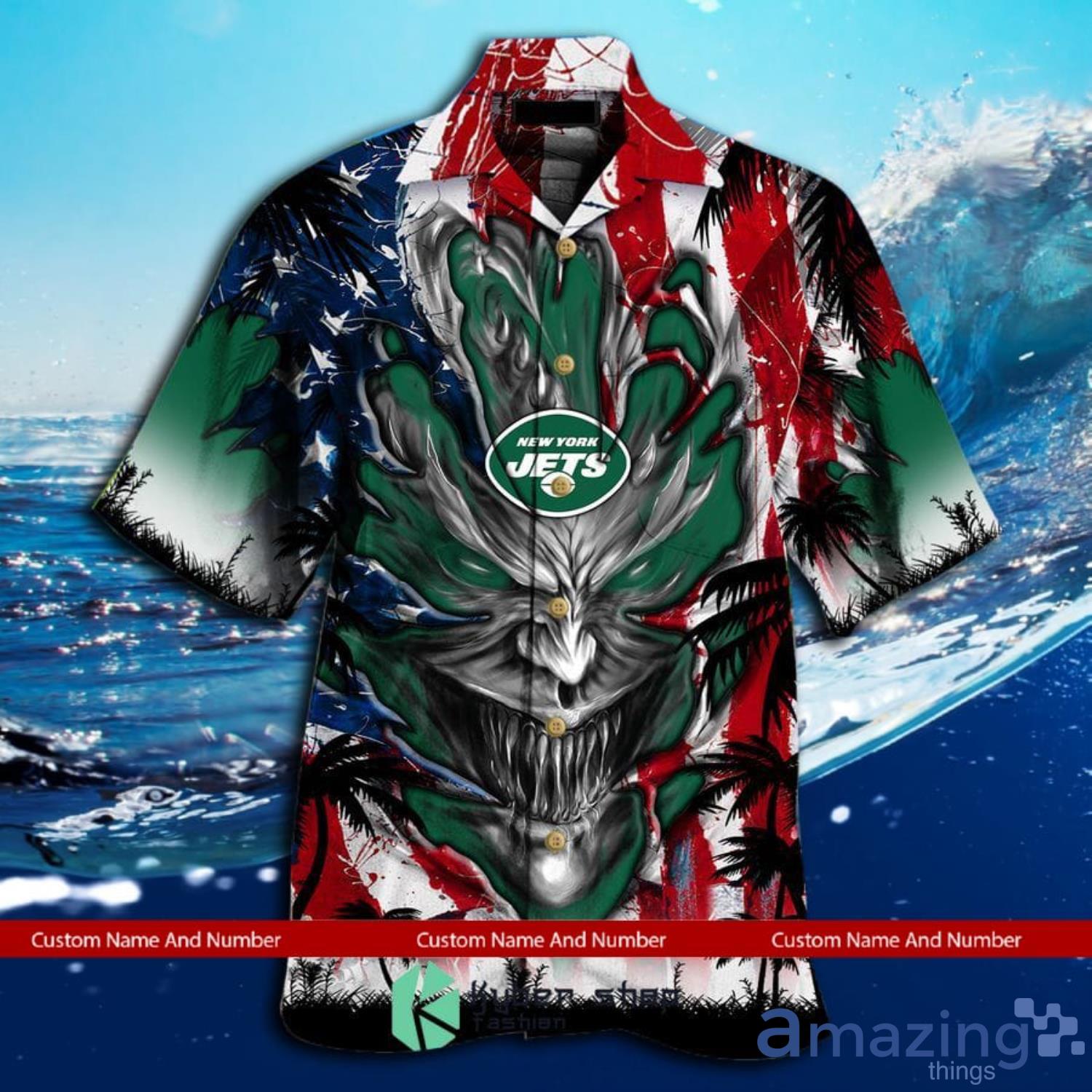 Custom Name And Number New York Jets Us Flag Demon Face Hawaiian Shirt image Custom Name And Number New York Jets Us Flag Demon Face Hawaiian Shirt Product Photo 2