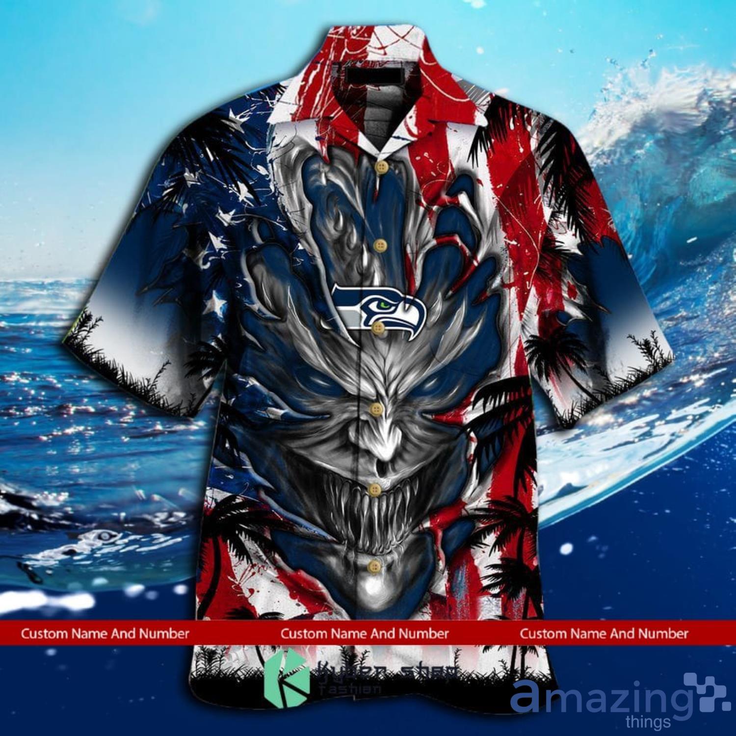 Custom Name And Number Seattle Seahawks Us Flag Demon Face Hawaiian Shirt image Custom Name And Number Seattle Seahawks Us Flag Demon Face Hawaiian Shirt Product Photo 2