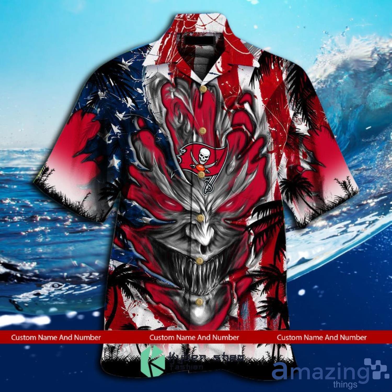 Custom Name And Number Tampa Bay Buccaneers Us Flag Demon Face Hawaiian Shirt image Custom Name And Number Tampa Bay Buccaneers Us Flag Demon Face Hawaiian Shirt Product Photo 2