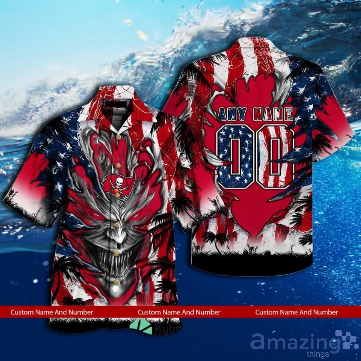 Custom Name And Number Tampa Bay Buccaneers Us Flag Demon Face Hawaiian Shirt Product Photo 1