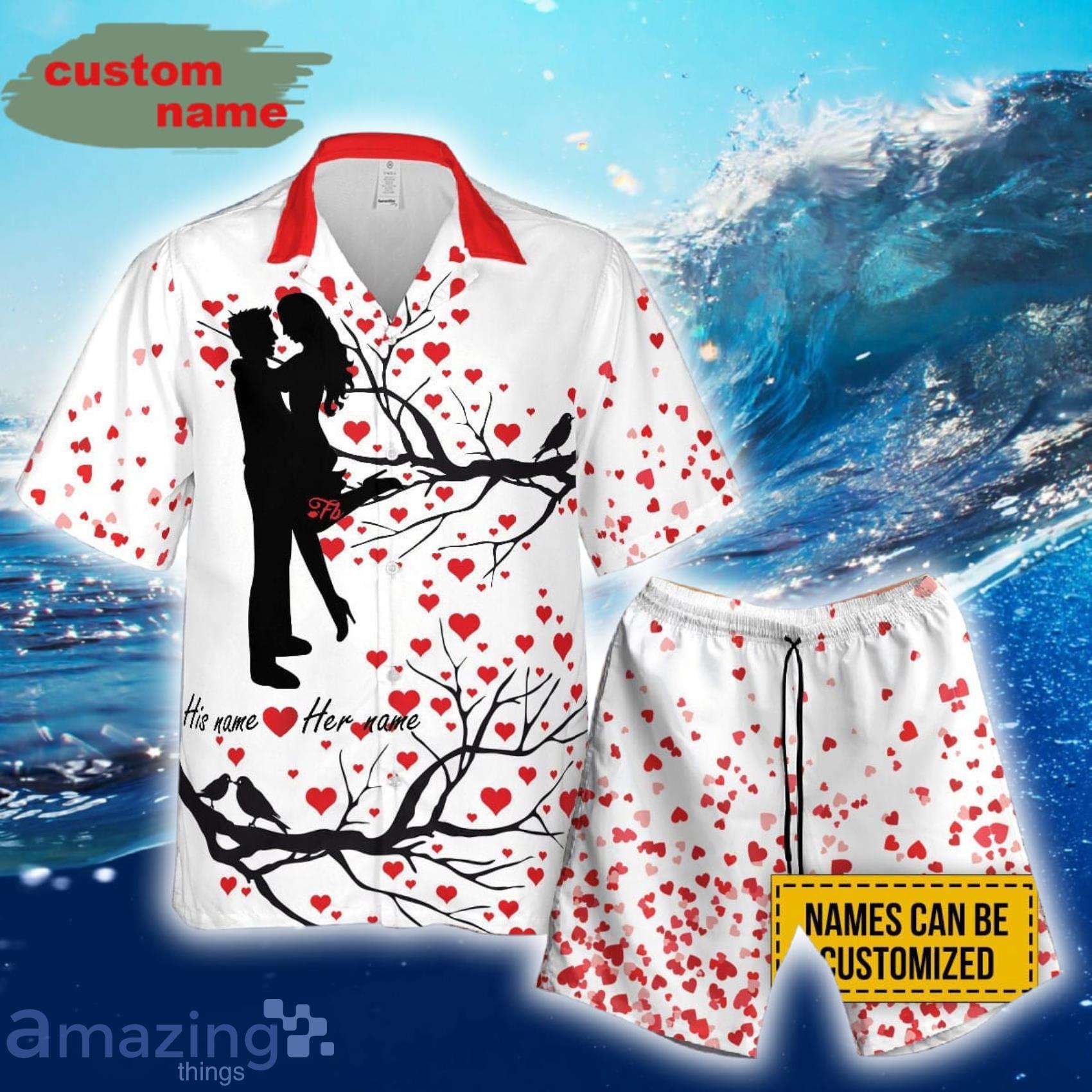 Custom Name Couple Love Heart Tree Short Sleeve Hawaiian Shirt And Beach Short Product Photo 1