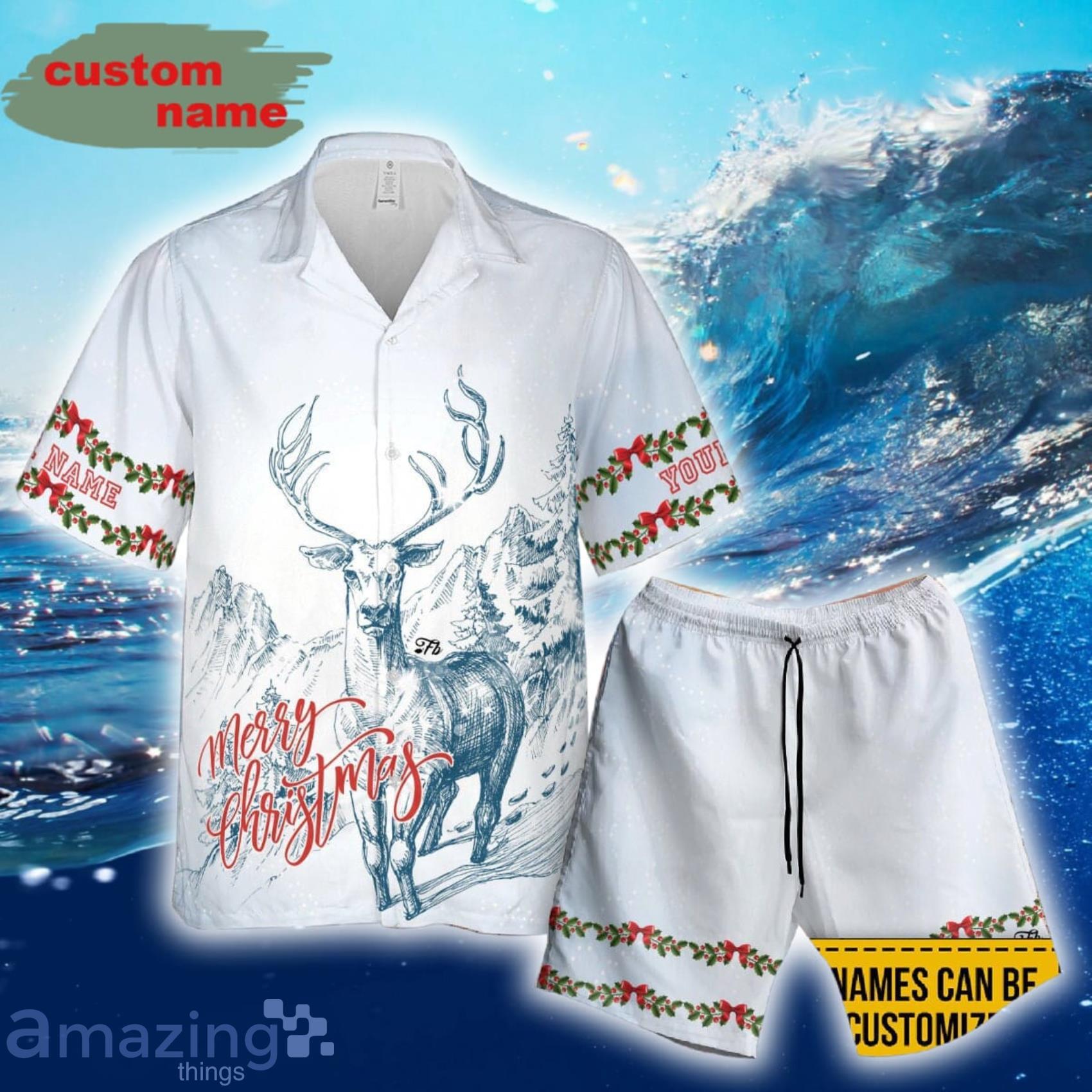 Custom Name Deer Christmas Sketch Art Hawaiian Shirt And Short Product Photo 1