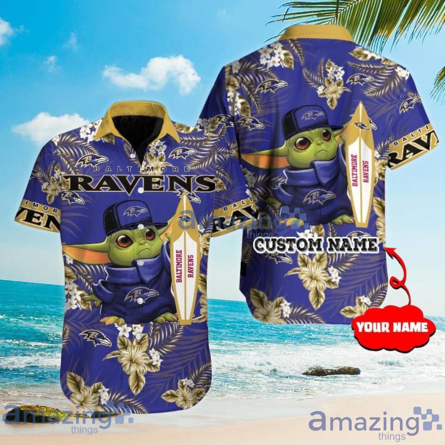 Custom Name For Fans Baltimore Ravens NFL Baby Yoda Lover Tropical Hawaiian Shirt Product Photo 1