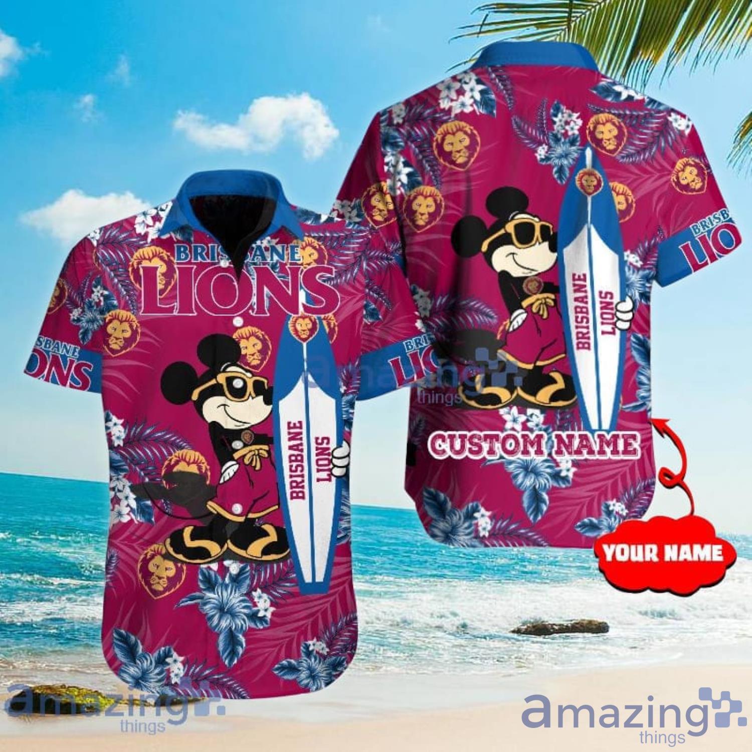 Custom Name For Fans Brisbane Lions AFL Mickey Lover Tropical Hawaiian Shirt Product Photo 1