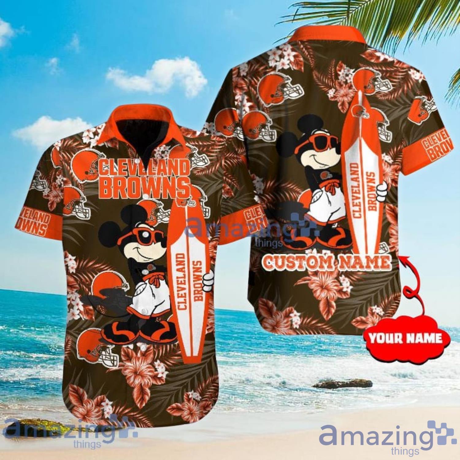 Custom Name For Fans Cleveland Browns NFL Mickey Lover Tropical Hawaiian Shirt Product Photo 1