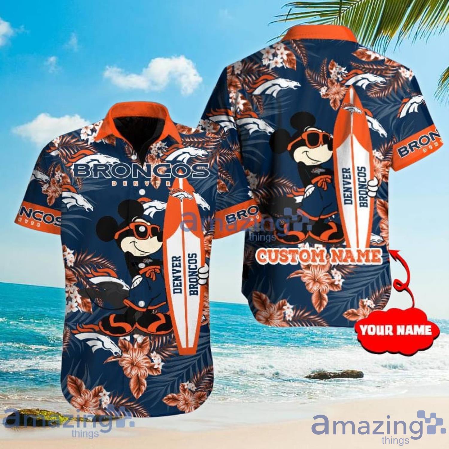 Custom Name For Fans Denver Broncos NFL Mickey Lover Tropical Hawaiian Shirt Product Photo 1