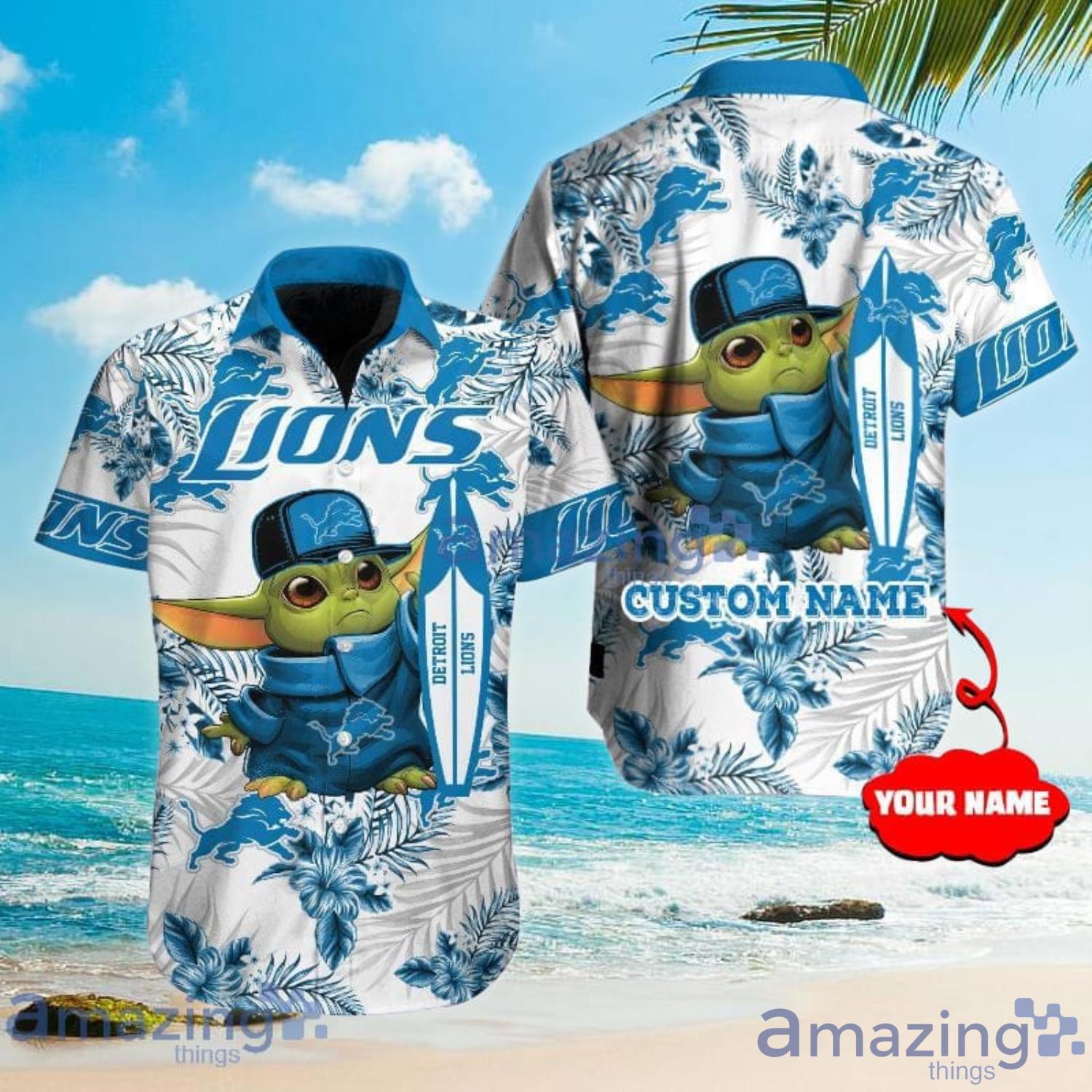 Custom Name For Fans Detroit Lions NFL Baby Yoda Lover Tropical Hawaiian Shirt Product Photo 1