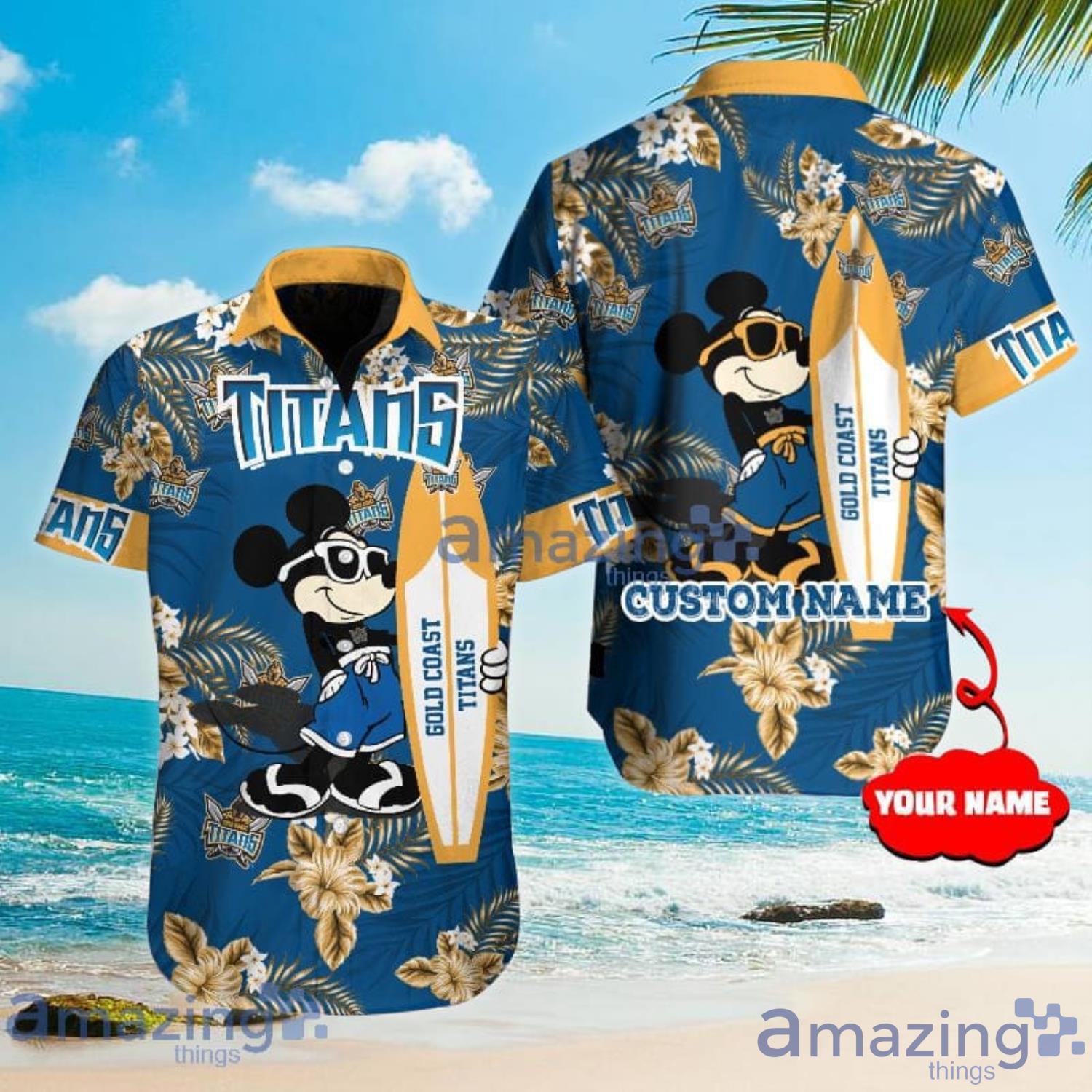 Custom Name For Fans Gold Coast Titans NRL Mickey Lover Tropical Hawaiian Shirt Product Photo 1