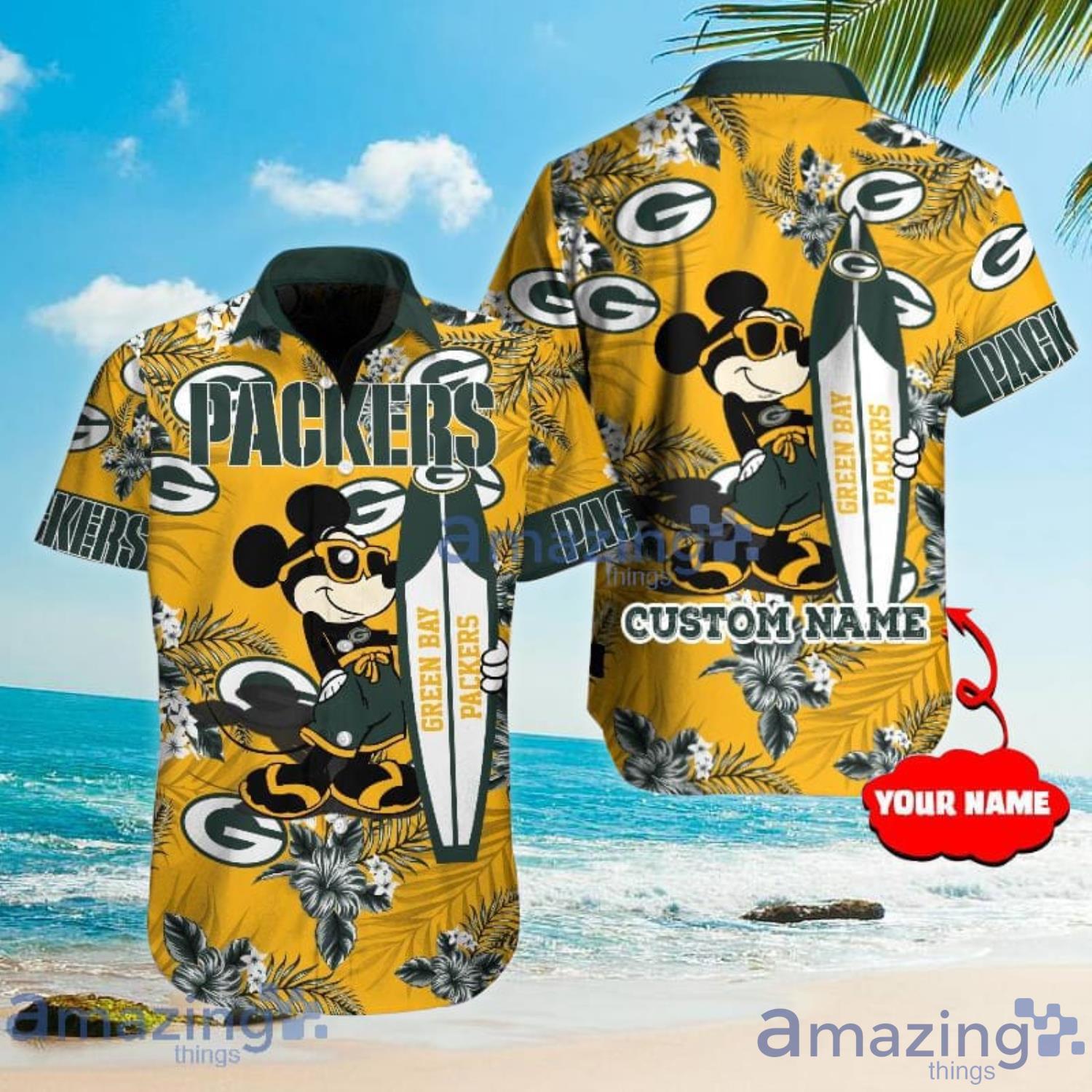 Custom Name For Fans Green Bay Packers NFL Mickey Lover Tropical Hawaiian Shirt Product Photo 1
