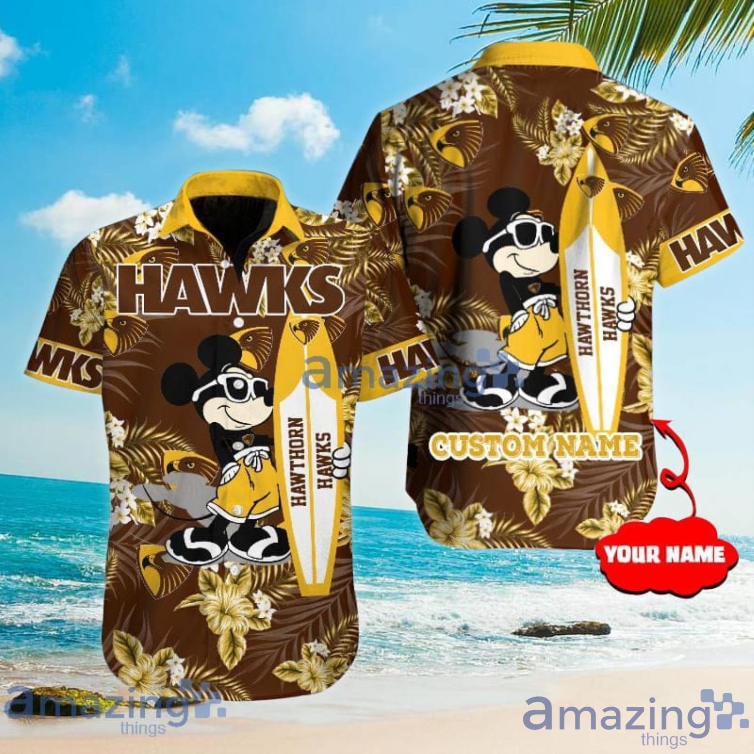 Custom Name For Fans Hawthorn Hawks AFL Mickey Lover Tropical Hawaiian Shirt Product Photo 1