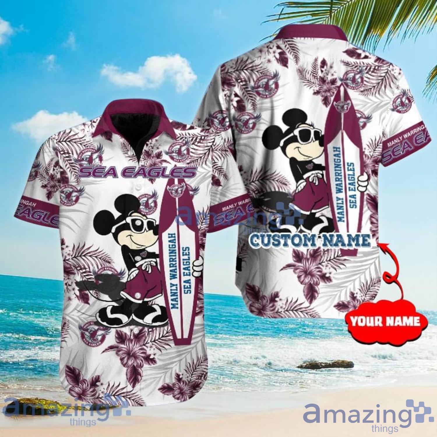 Custom Name For Fans Manly Warringah Sea Eagles NRL Mickey Lover Tropical Hawaiian Shirt Product Photo 1