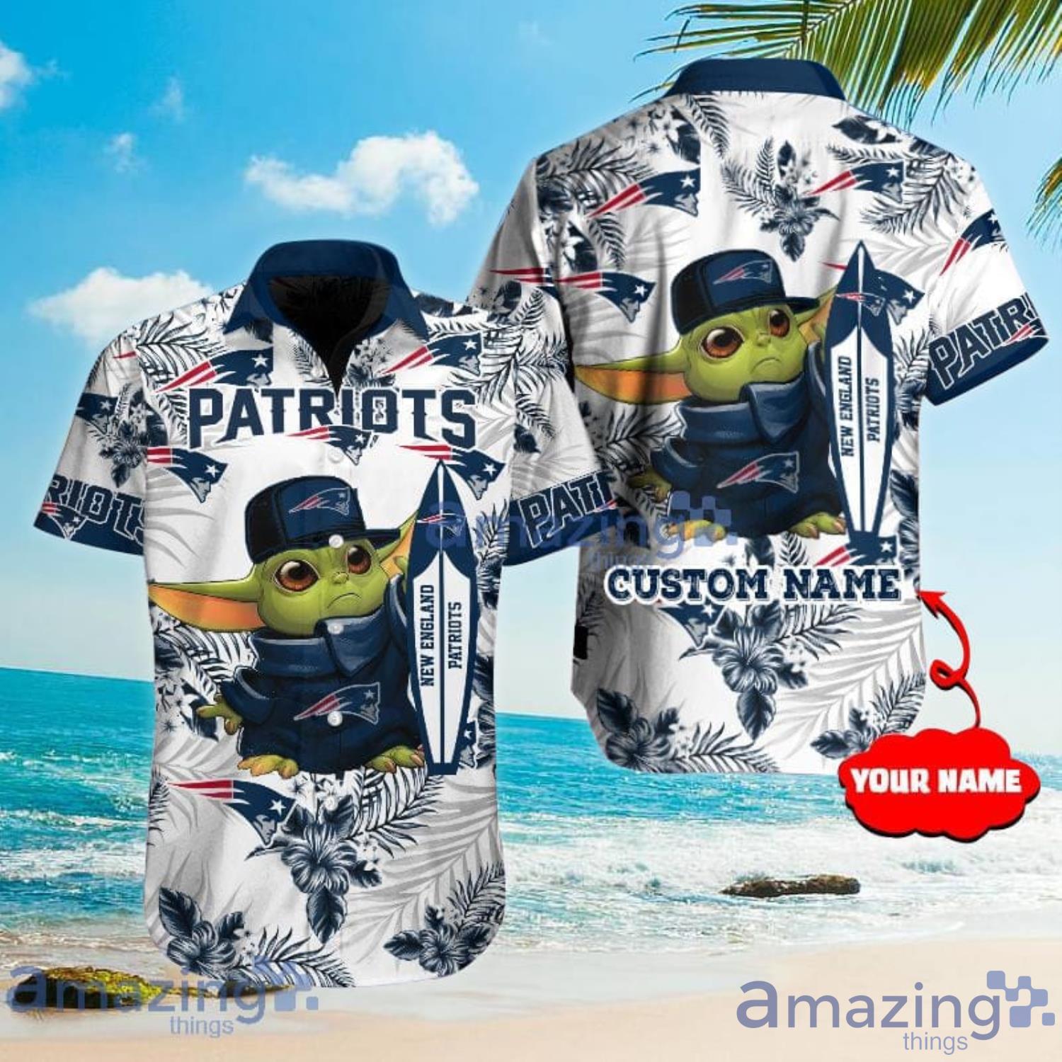 Custom Name For Fans New England Patriots NFL Baby Yoda Lover Tropical Hawaiian Shirt Product Photo 1