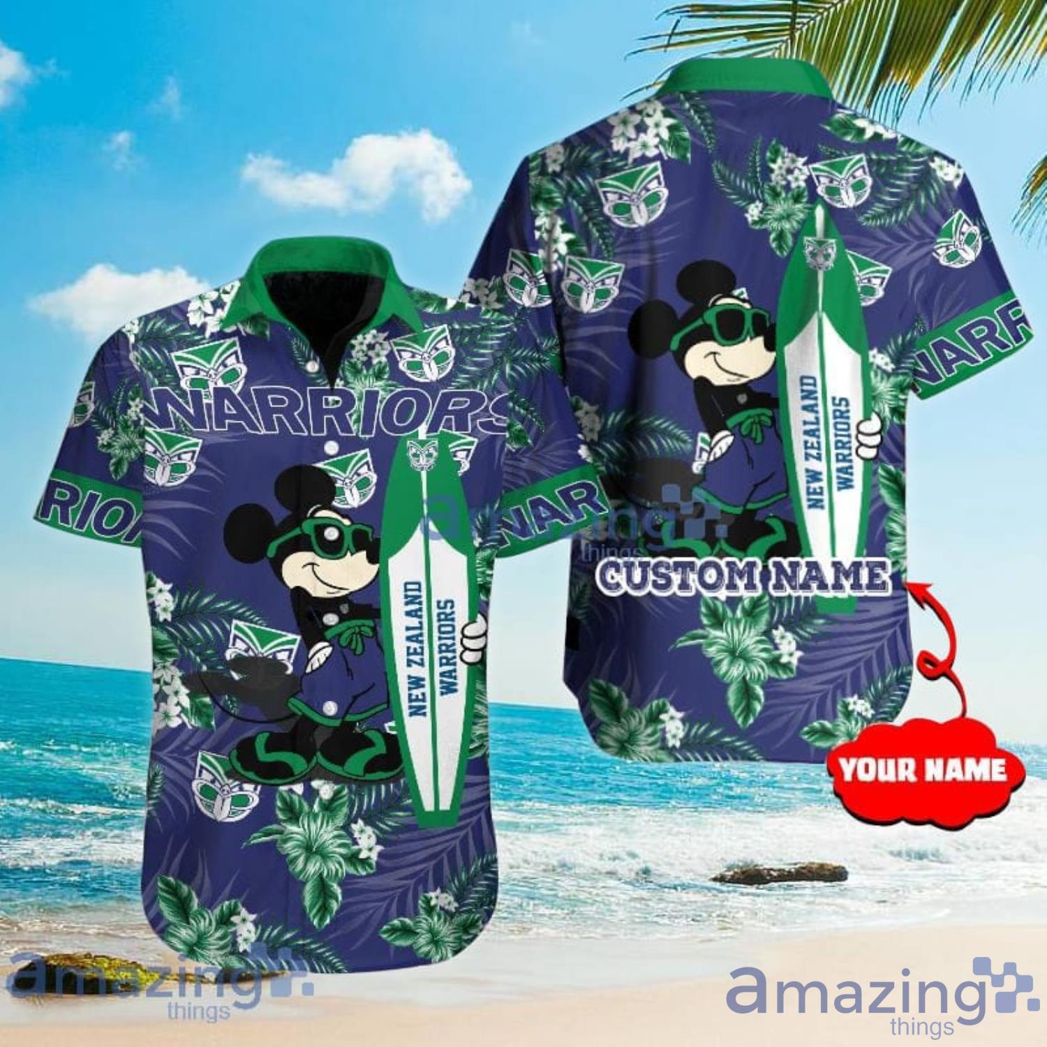 Custom Name For Fans New Zealand Warriors NRL Mickey Lover Tropical Hawaiian Shirt Product Photo 1