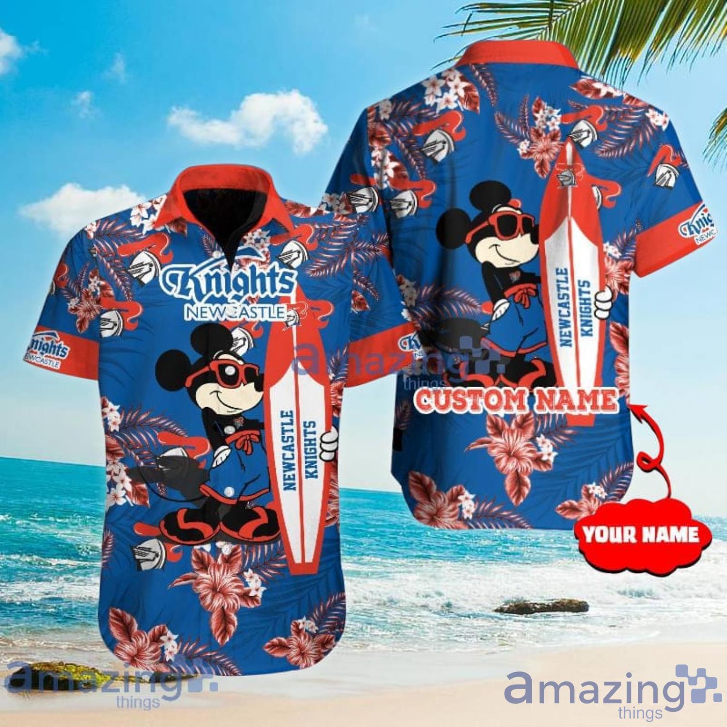 Custom Name For Fans Newcastle Knights NRL Mickey Lover Tropical Hawaiian Shirt Product Photo 1